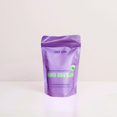 Lila Tüte mit der Aufschrift "Her One Bio Inulin", ein Produkt aus natürlichem Ballaststoff.