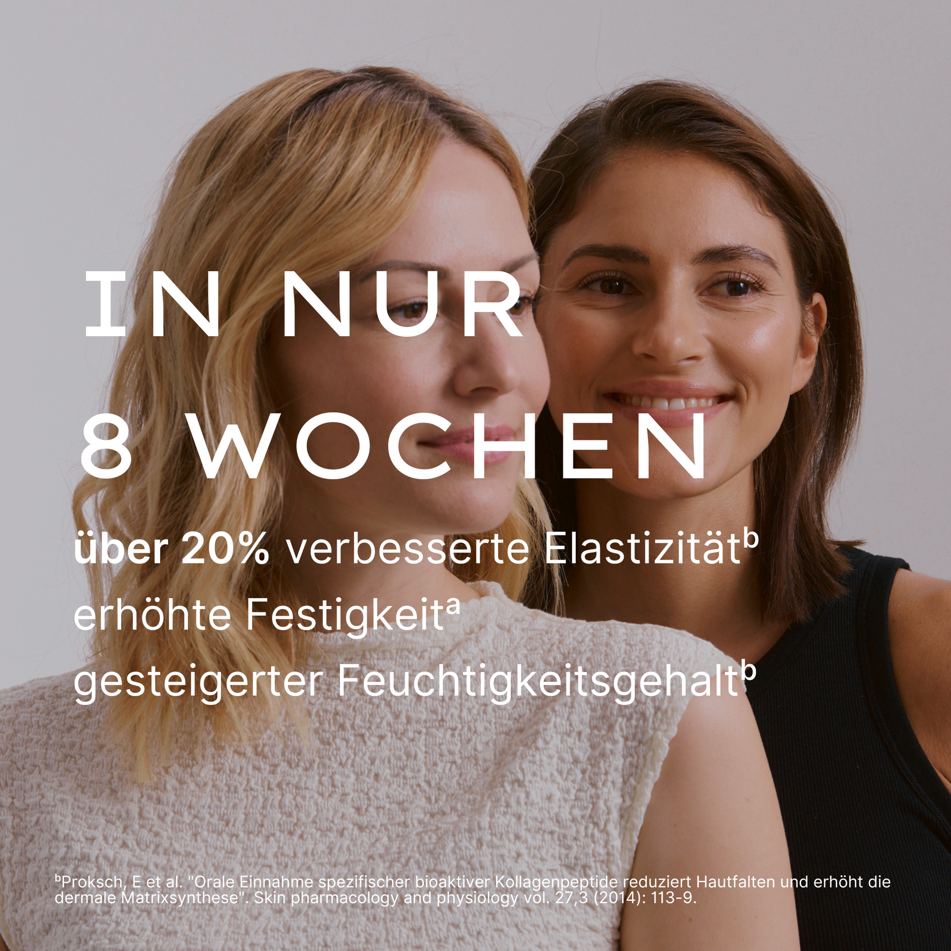 Zwei Frauen lächeln, Text über verbesserte Hautelastizität und Feuchtigkeitsgehalt in 8 Wochen.