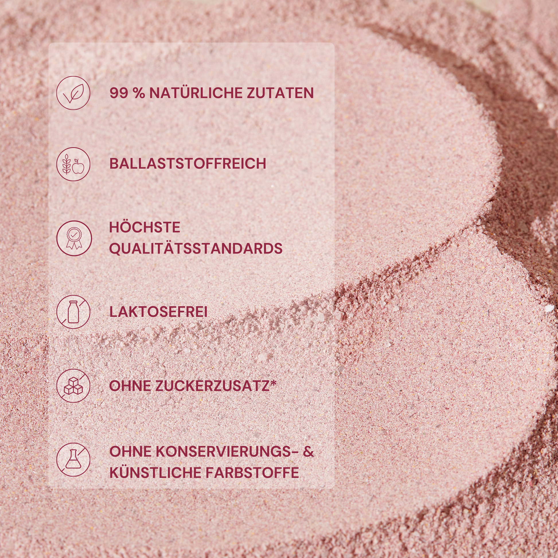 Rosa Pulvertextur mit Infobox zu HER ONE: natürliche Zutaten, ballaststoffreich, laktosefrei.
