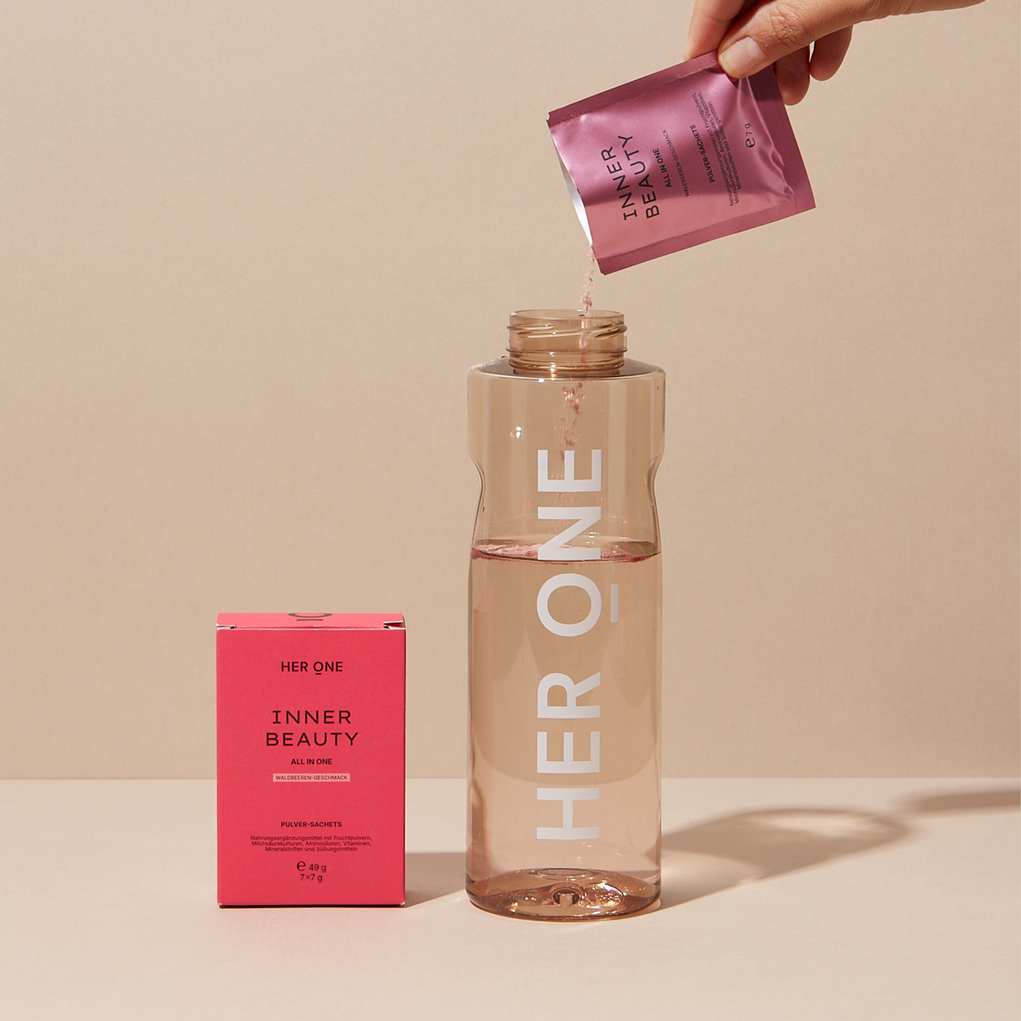 Eine Verpackung ‚Inner Beauty All in One Mini‘ und ein Sachet, das in eine Flasche mit Wasser gegeben wird.