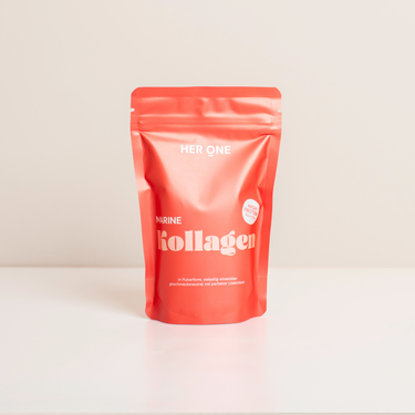 Rote Verpackung von "Her One Marine Kollagen" auf weißem Hintergrund, Text "High Protein" aufgedruckt.
