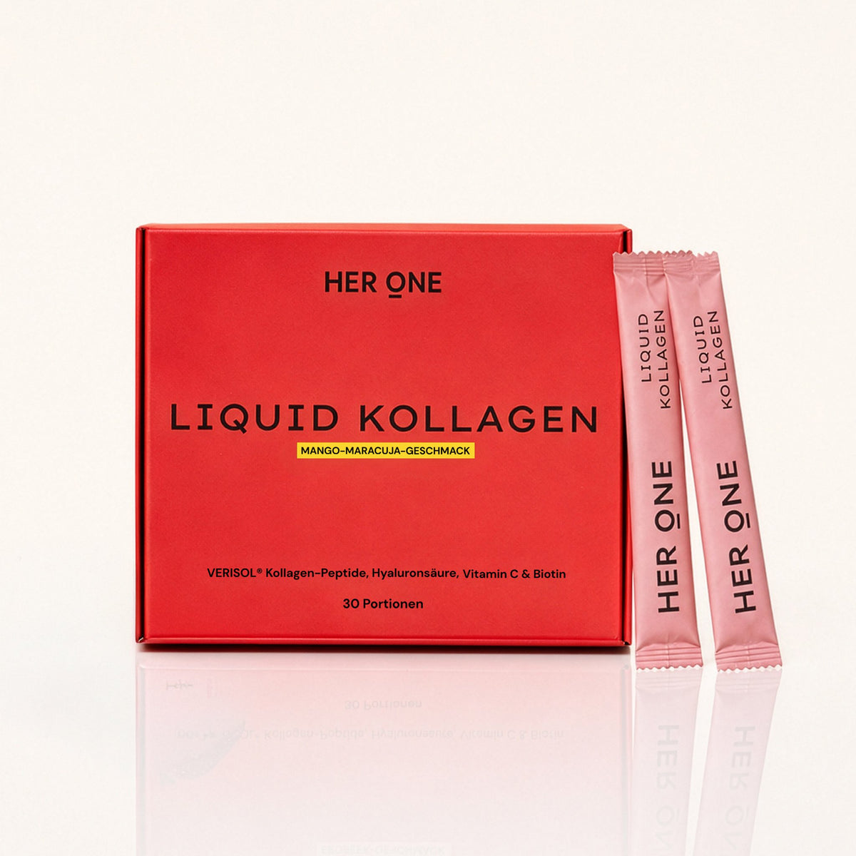 HER ONE Liquid Kollagen Box Mango-Maracuja-Geschmack 30 Portionen mit Sticks und Mango-Maracuja.