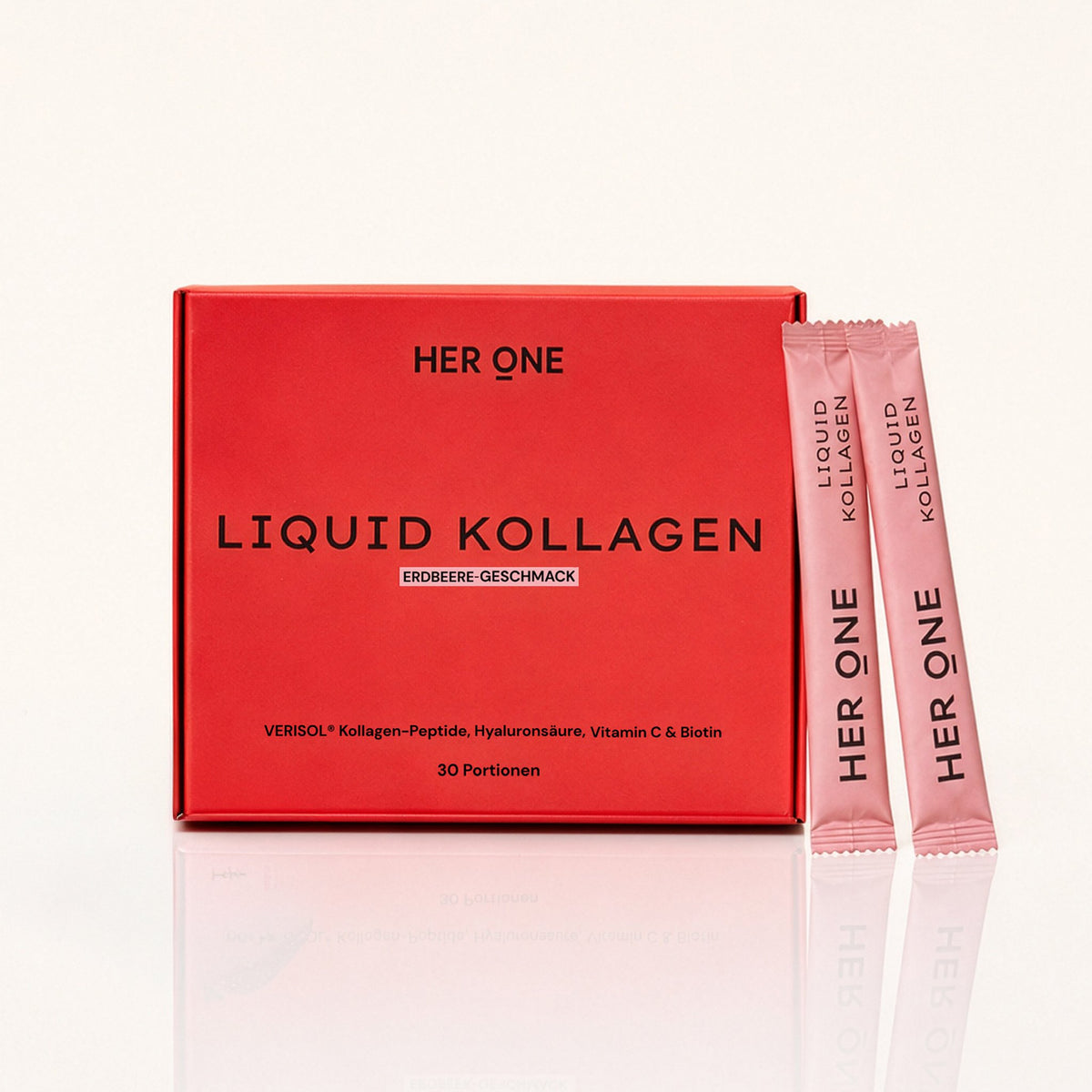 HER ONE Liquid Kollagen Box Erdbeer-Geschmack 30 Portionen mit Sticks und frischen Erdbeeren.
