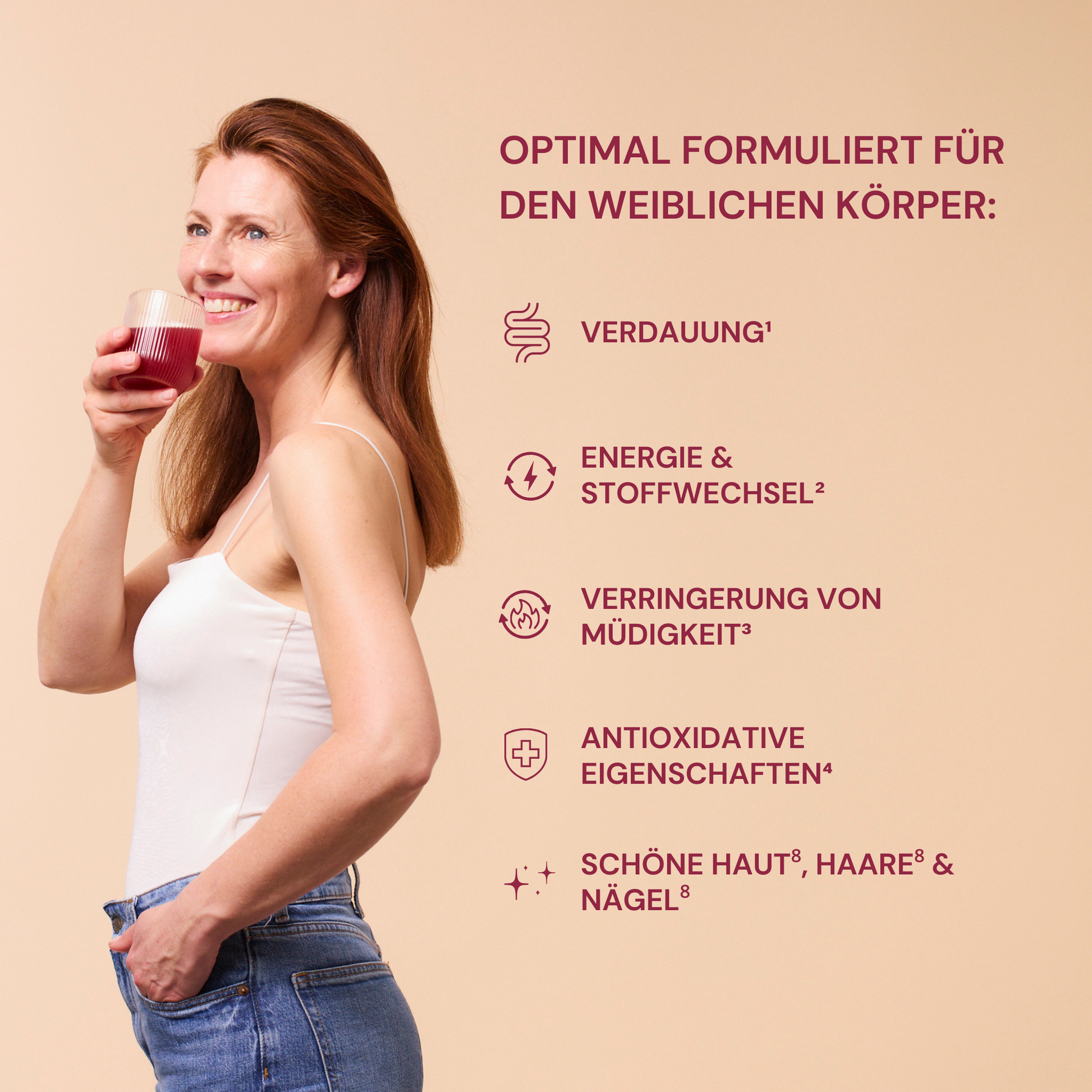 eine lächelnde Frau hält das INNER BEAUTY All in One in der Hand in der Nähe ihres Gesichtes. Neben der Frau sind die Produktdetails und Vorteile beschrieben