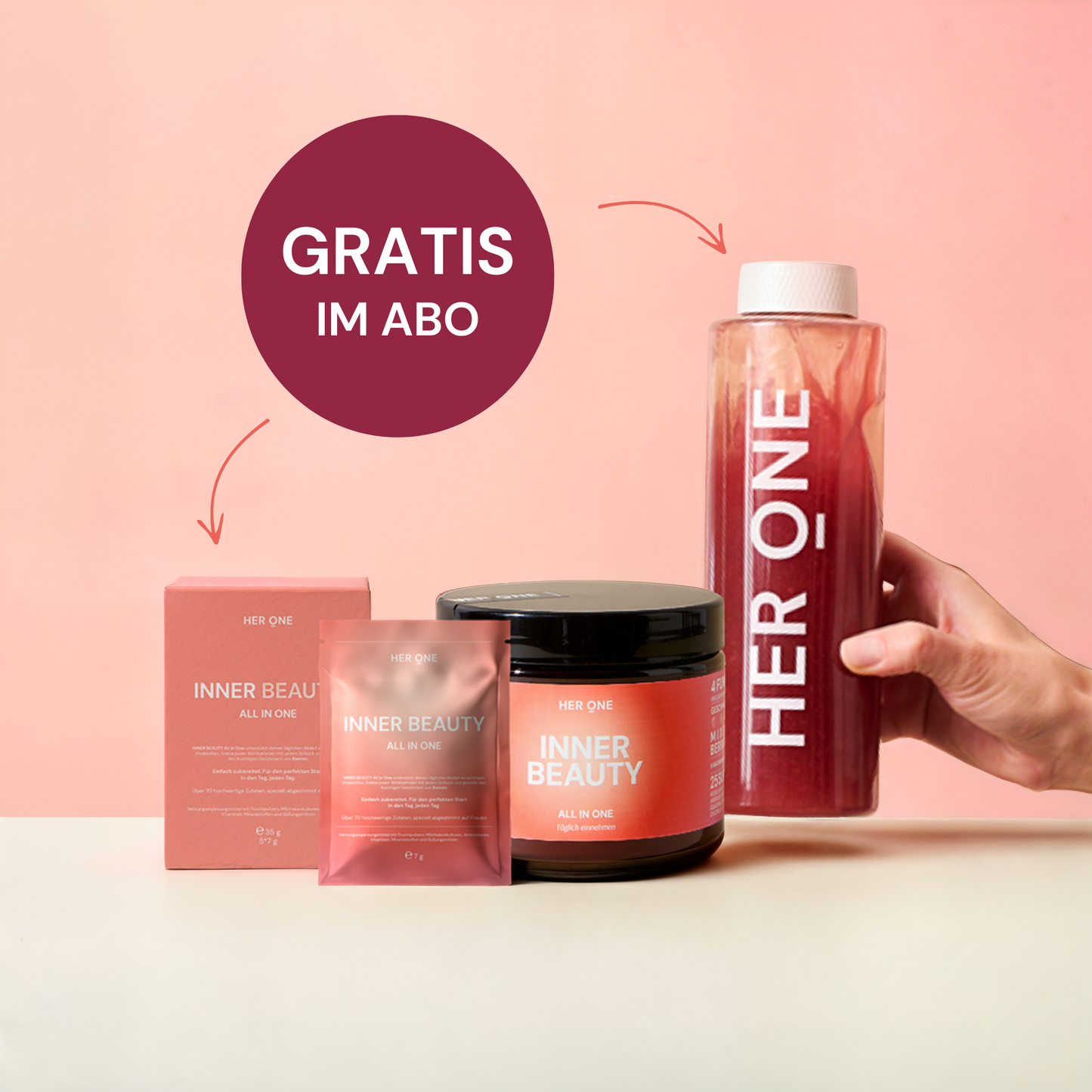 Produktsortiment von "Inner Beauty" mit einer Gratisflasche im Abo vor einem rosa Hintergrund.