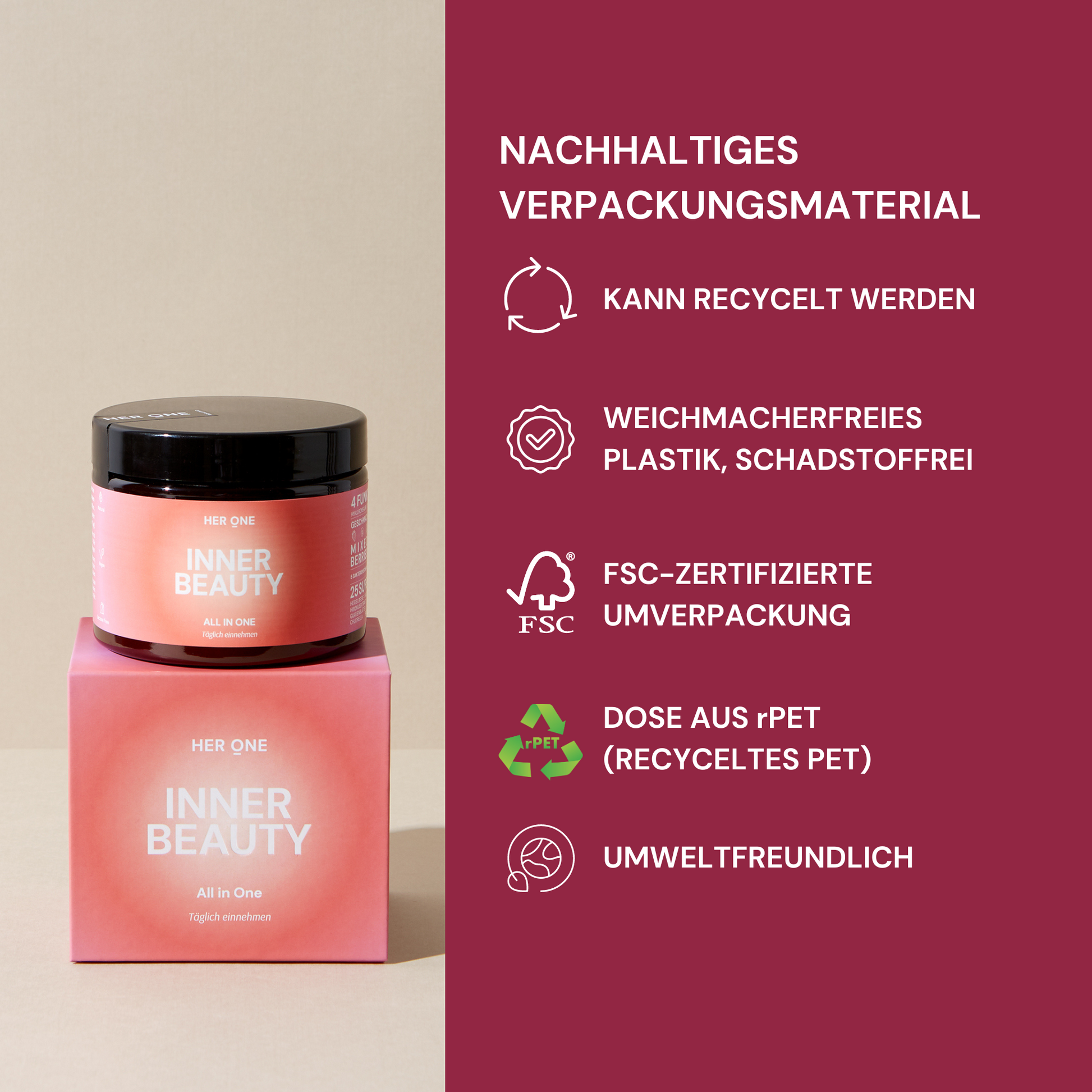 Ein Glas "Inner Beauty" auf einer Schachtel, daneben nachhaltige Verpackungsmerkmale auf burgunderrotem Hintergrund.
