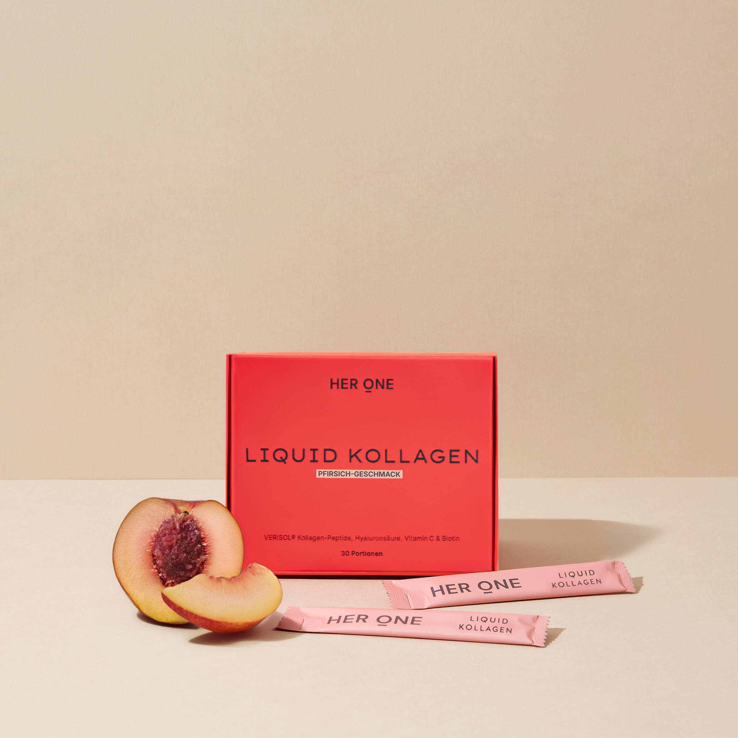 HER ONE Liquid Kollagen Box Pfirsich-Geschmack mit Sachets und frischer Pfirsich