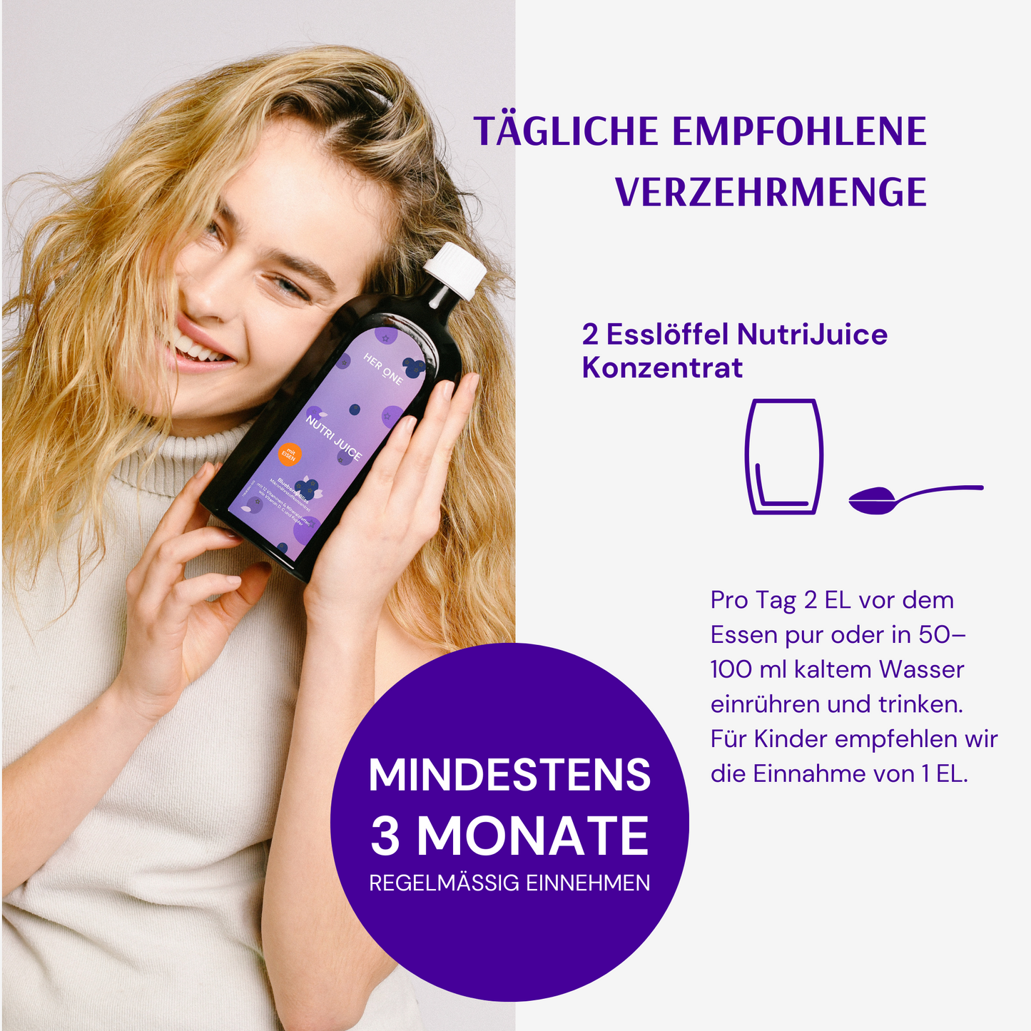 Woman smiling with bottle; text describes the recommended daily intake of NutriJuice and instructions for use.