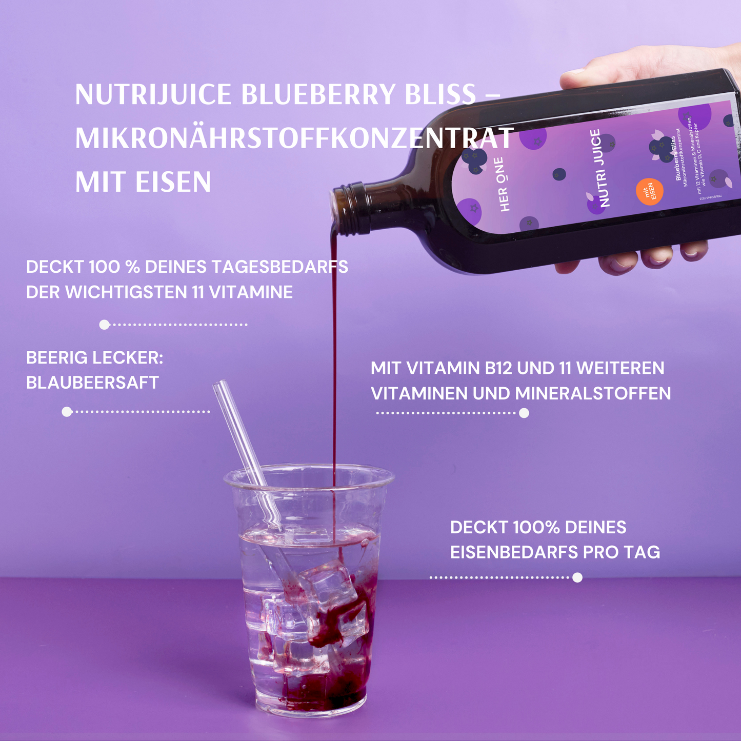 Bottle of berry drink is poured into a glass with ice cubes on a purple background, accompanied by product text.