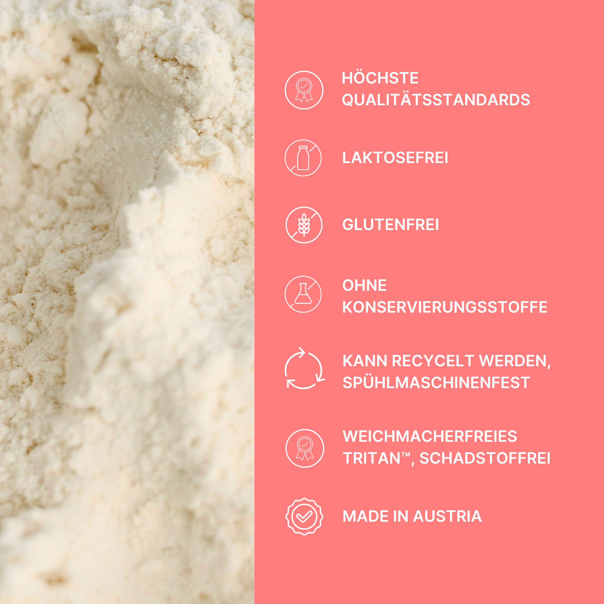 Powder texture with pink info box for HER ONE: lactose-free, gluten-free, recyclable, Made in Austria.