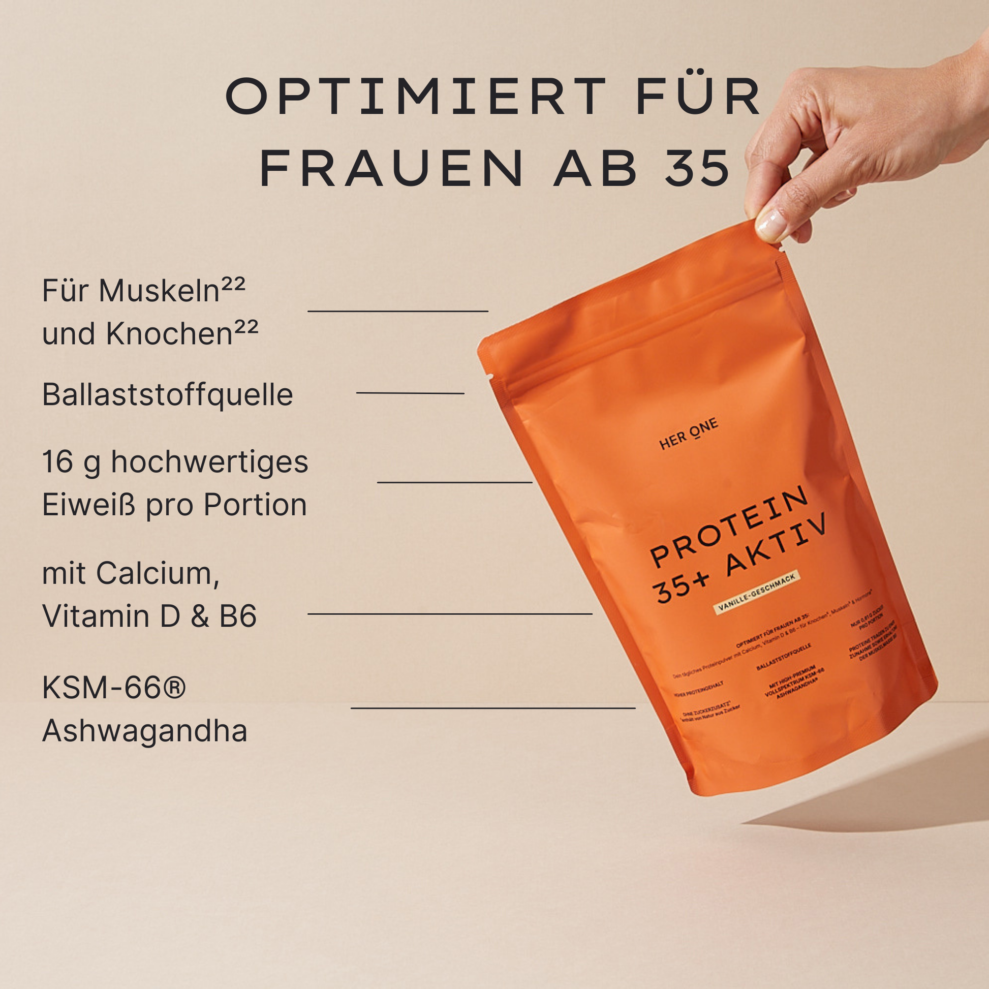 One hand holds the PROTEIN 35+ at an angle on the right-hand side of the picture. The product benefits are presented on the left-hand side.