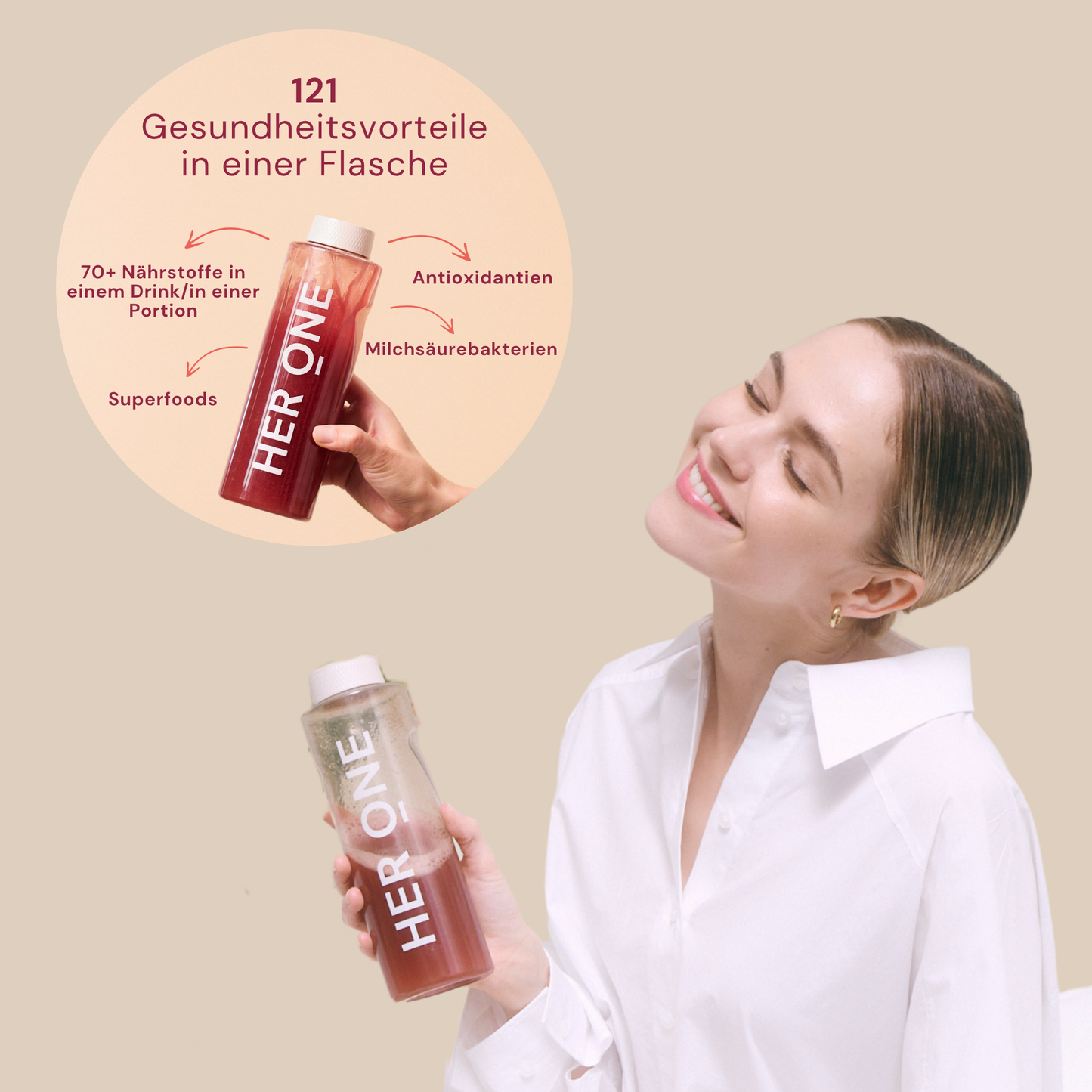 Woman holding Her One shaker with drink; next to it infographic on nutrients and benefits.