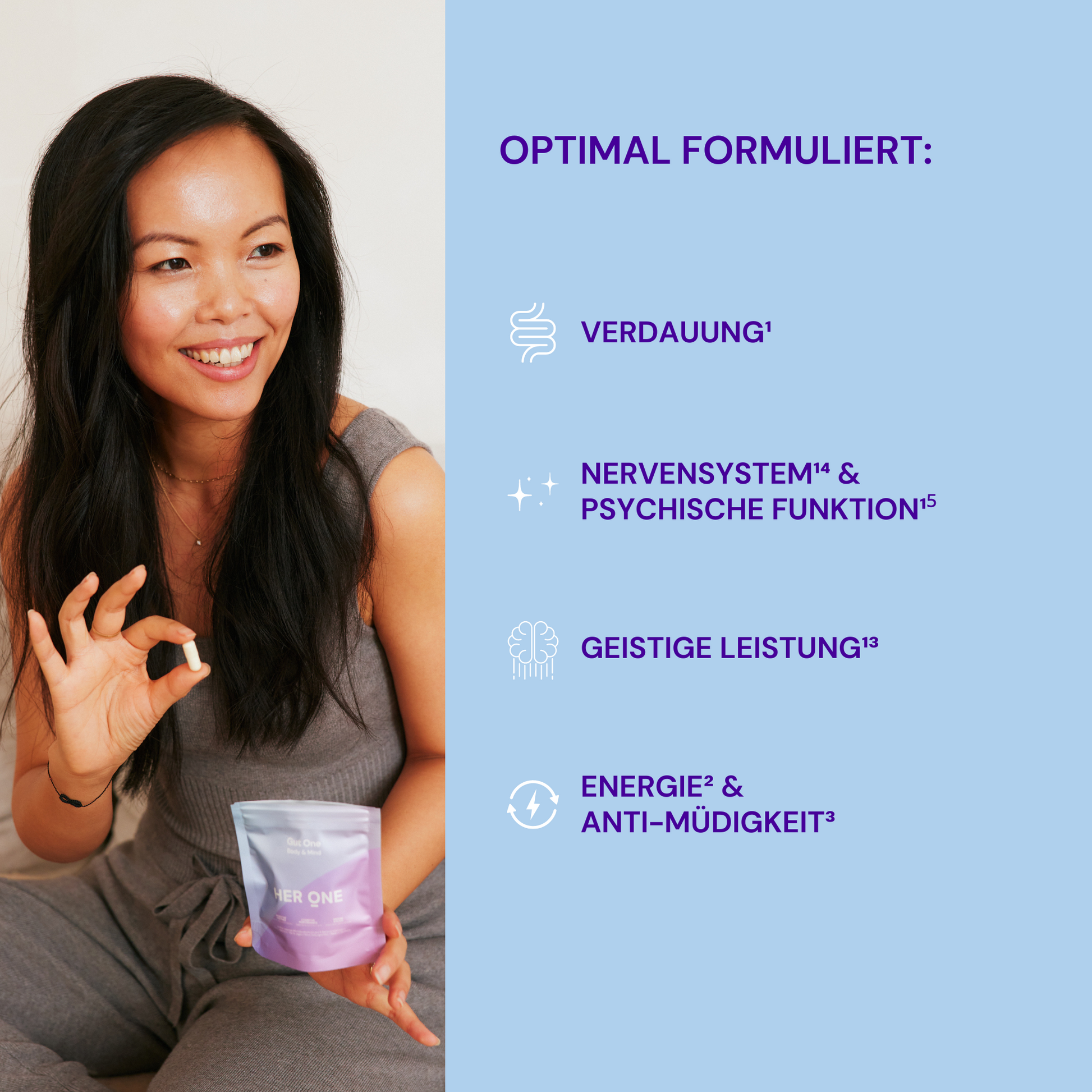 Woman holding a capsule and a bag, next to it text about digestion, nervous system, mental performance and energy.