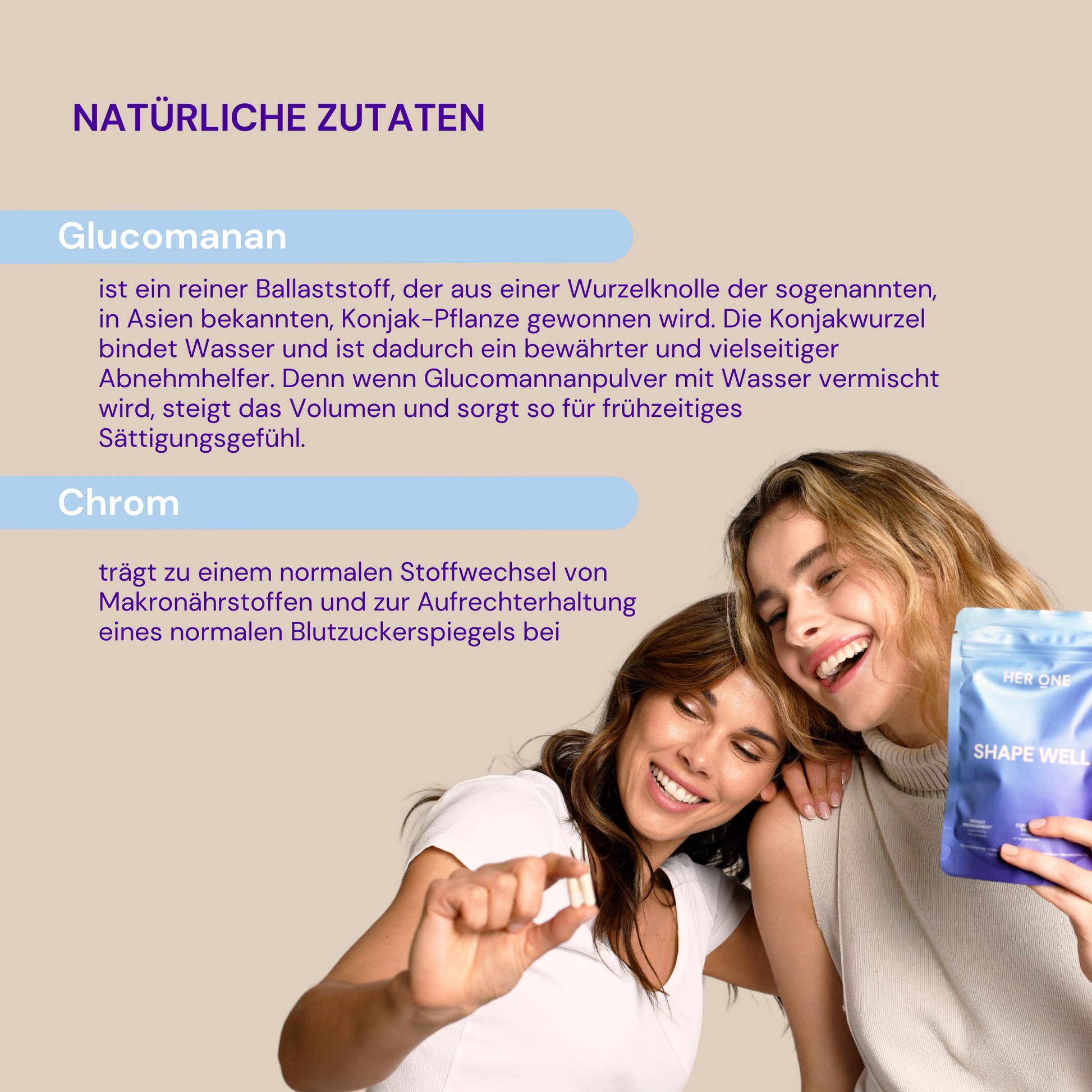 Two women laugh while one holds a blue package labeledSHAPE WELL".
