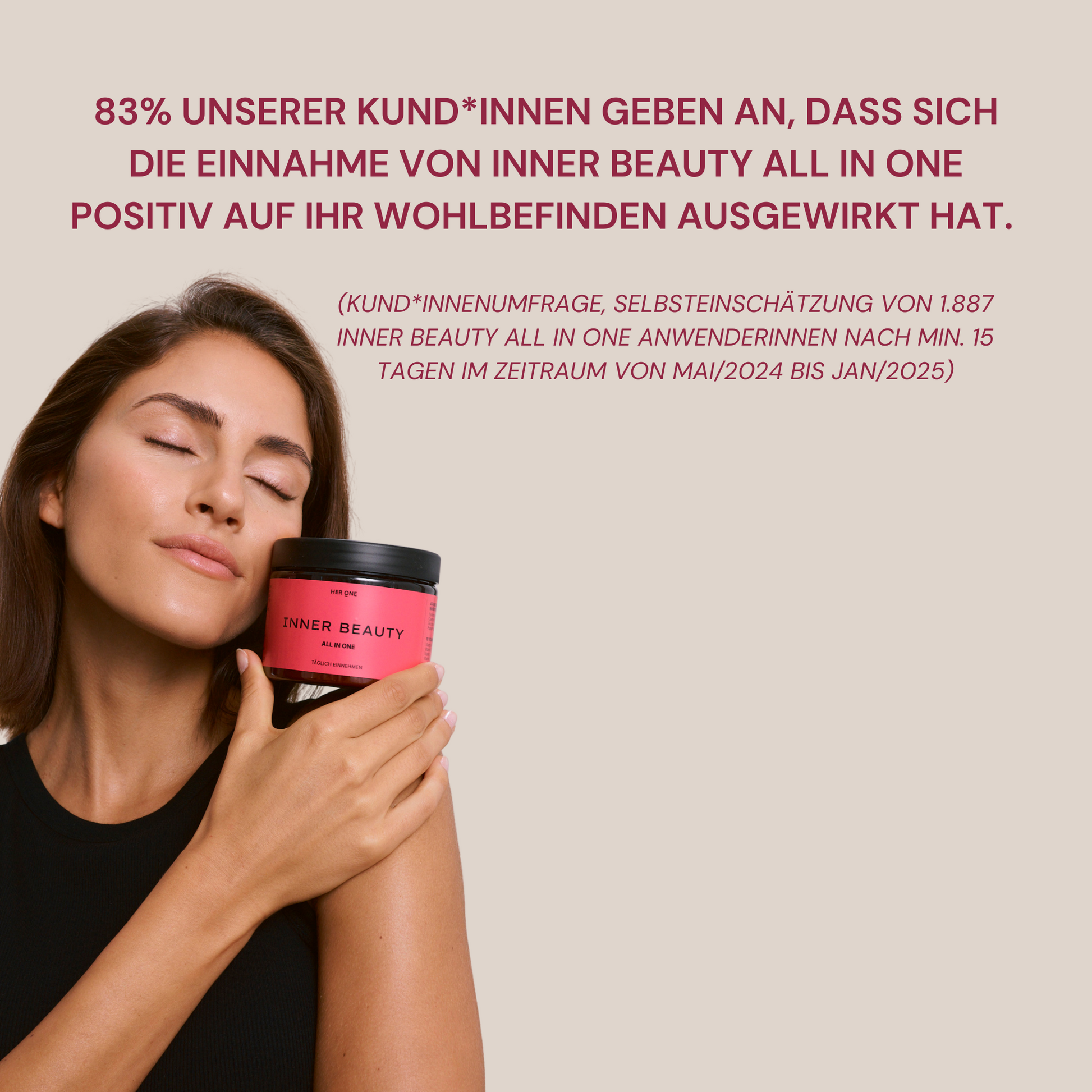 A woman holding a drink and a product labeledInner Beauty" against a beige background.