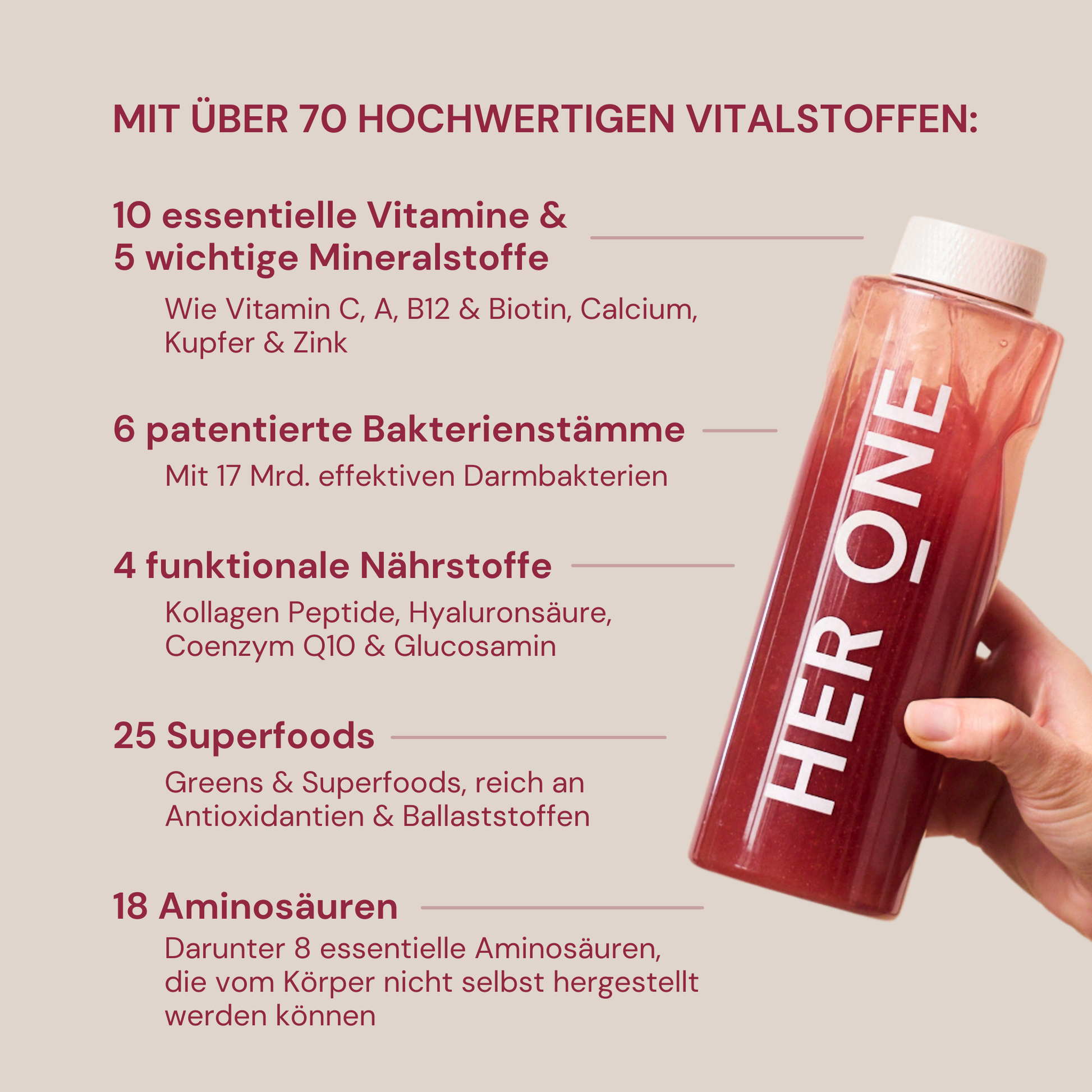 One hand holds a red drinks bottle labeled "HER ONE" next to a text about vital substances.
