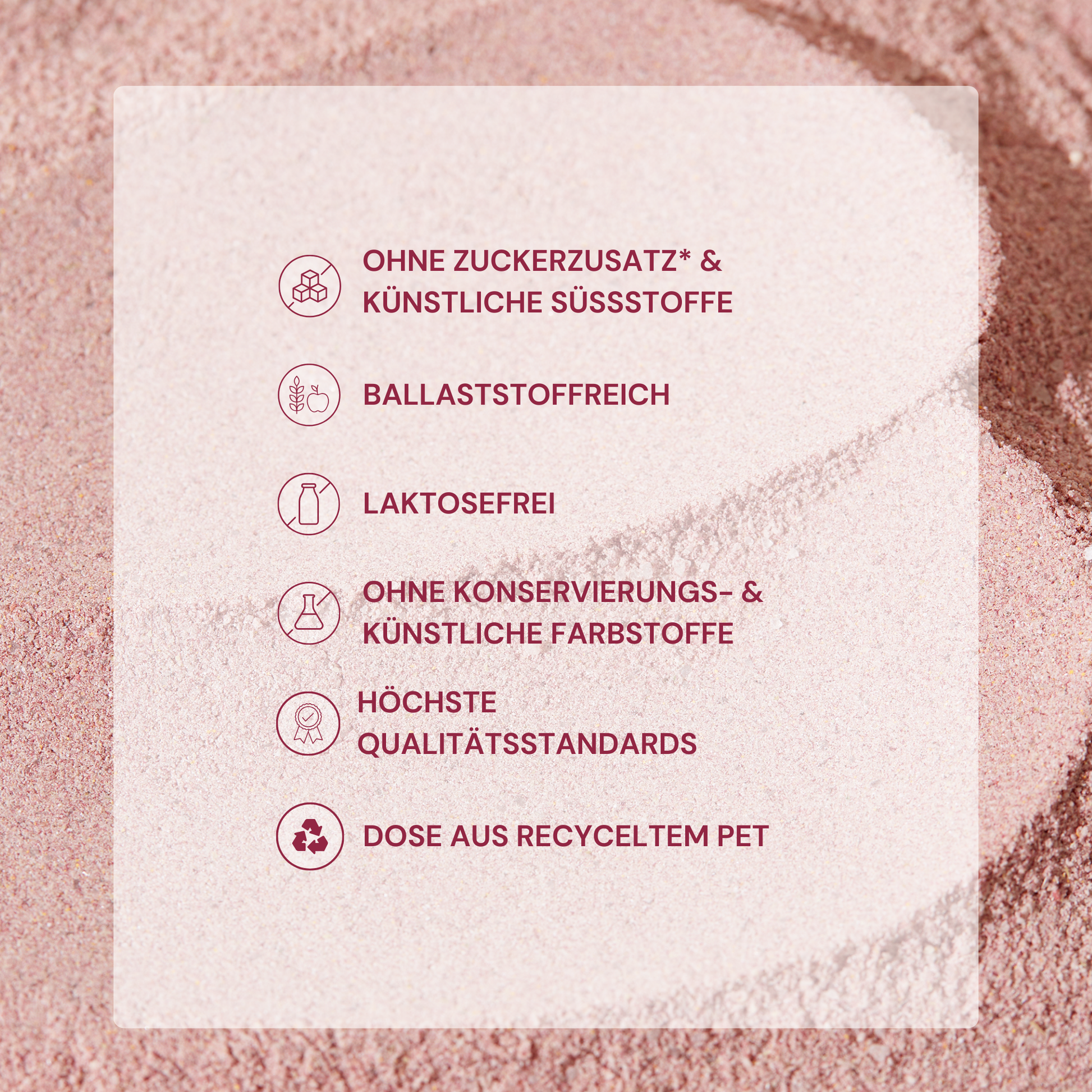 List of features on a pink background: high-fiber, lactose-free, highest standards, recycled PET.