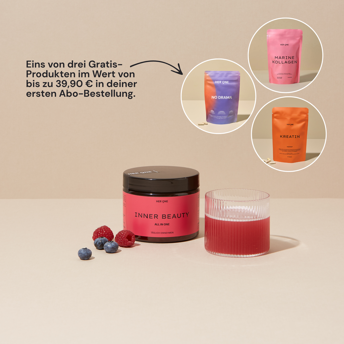 HER ONE Inner Beauty berry flavor with free product selection: Marine Collagen, No Drama or Creatine.