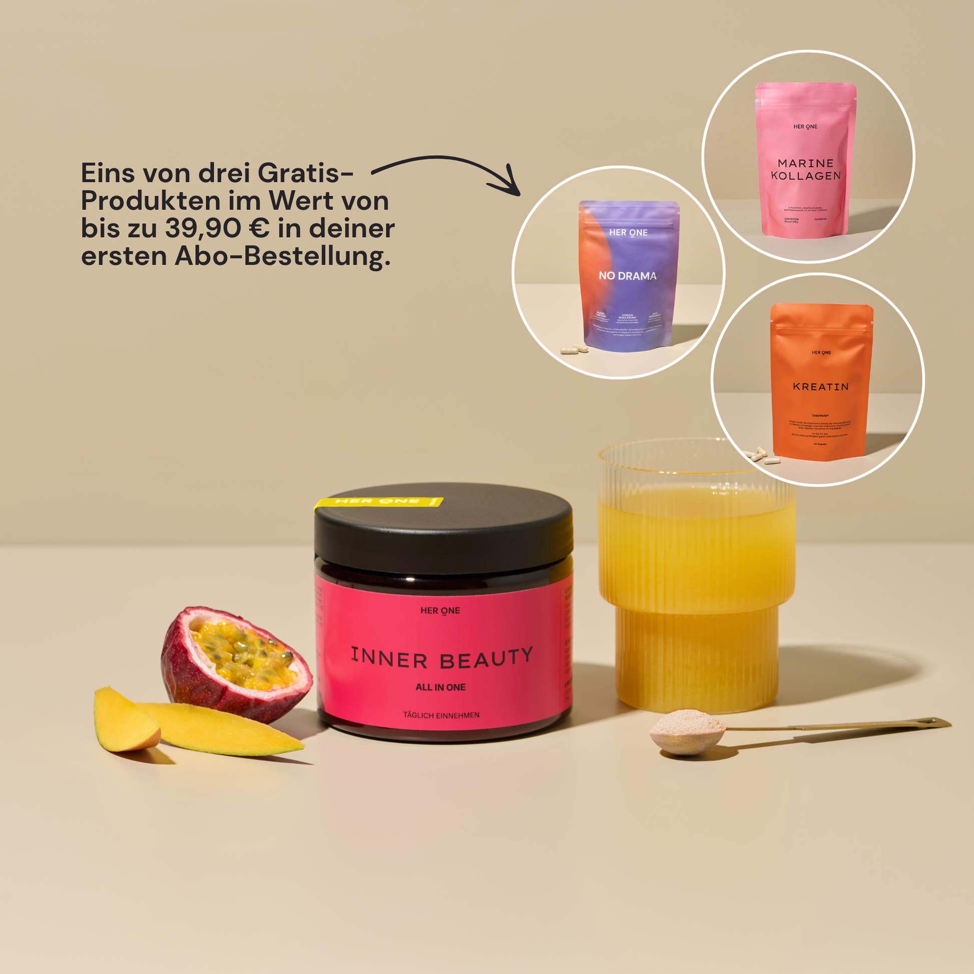 HER ONE Inner Beauty Mango-Passion Fruit with a selection of free products: Marine Collagen, No Drama or Creatine.