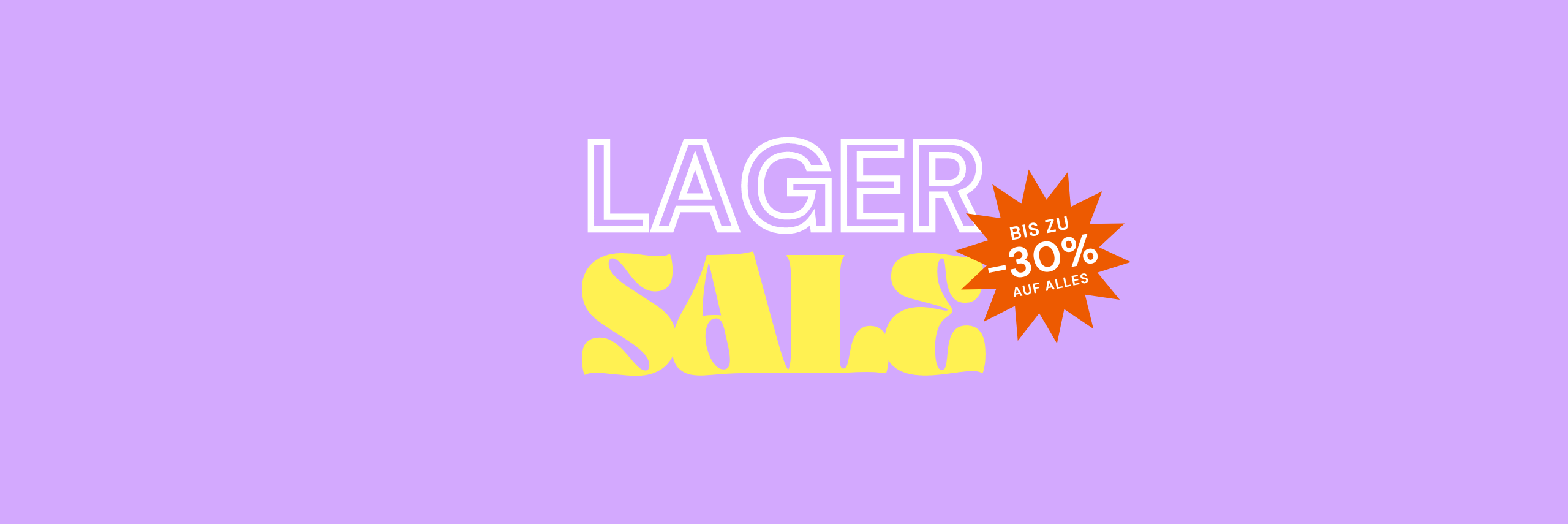 Text "LAGERSALE" on a purple background, with an orange star announcing a discount of up to 30%.