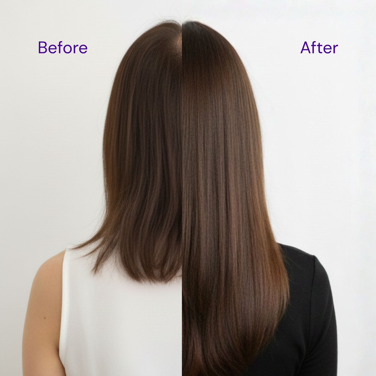 Before and after picture shows the difference in hair: shorter and dull on the left, longer and shiny on the right.