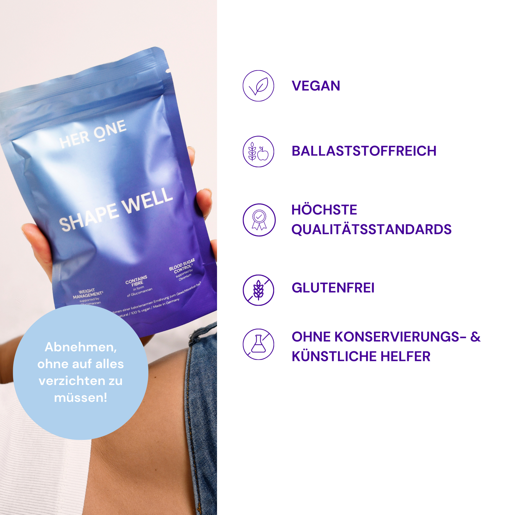 A purple bag with the wordsShape Well" and text about vegan, gluten-free ingredients and quality standards.