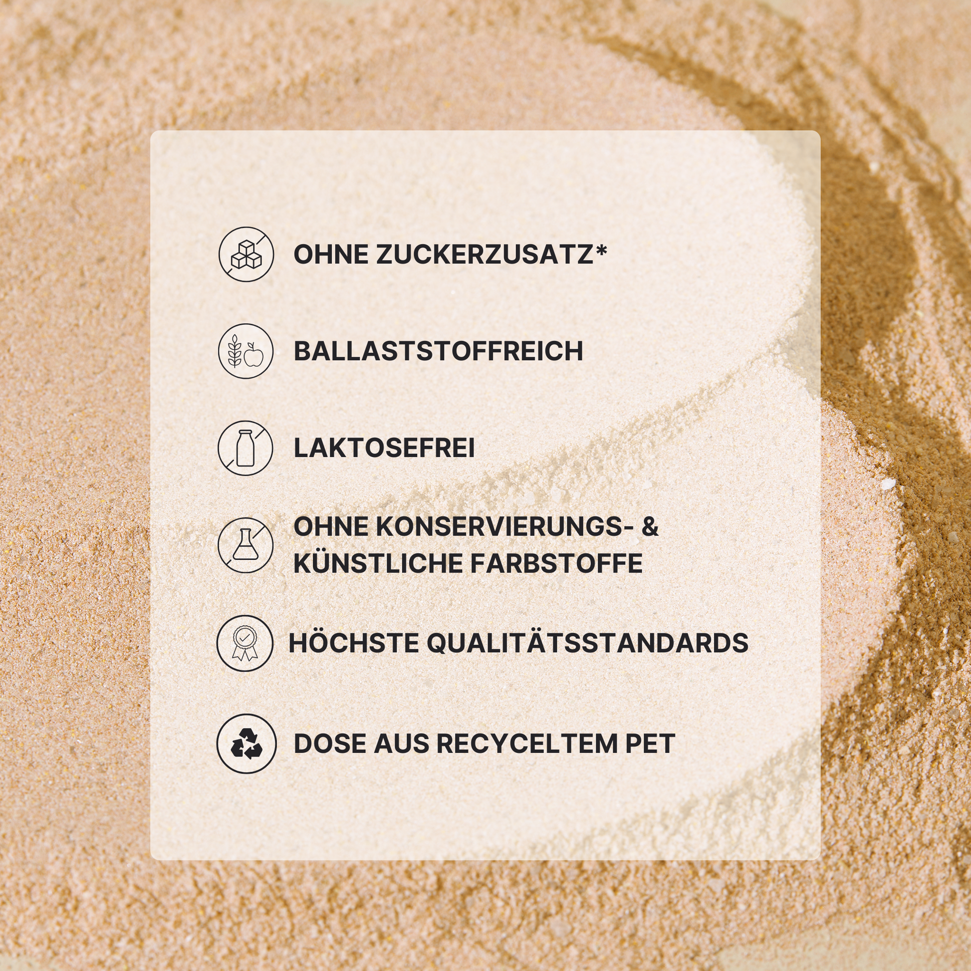 Beige powder texture with info box: no added sugar, lactose-free, recycled PET can.