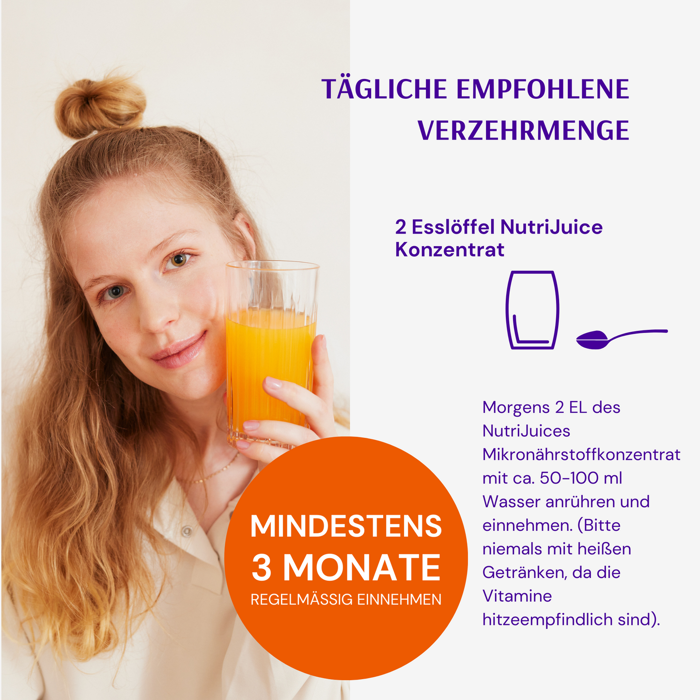 Une femme tient un verre de boisson orange, à côté d'un texte sur la consommation quotidienne recommandée de NutriJuice.