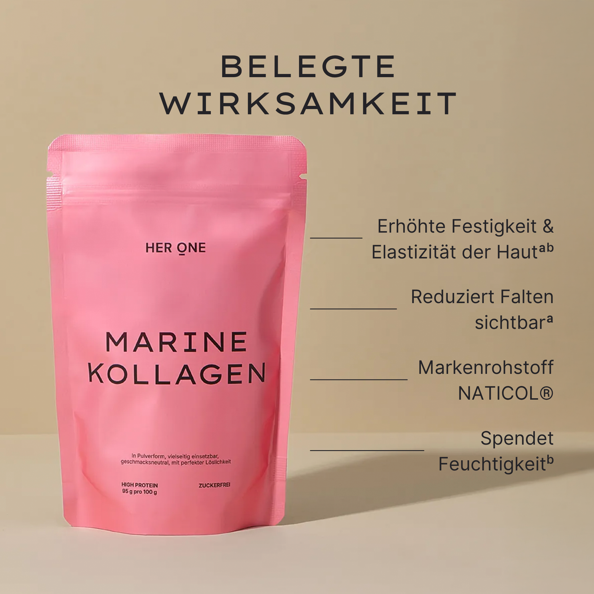 HER ONE MARINE COLLAGEN sac avec texte sur l'efficacité, la fermeté et l'hydratation de la peau.