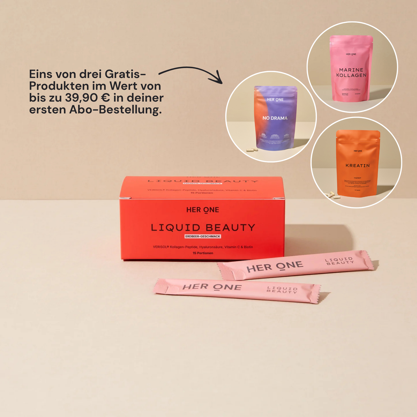 HER ONE Liquid Beauty goût fraise avec sélection de produits gratuits : Collagène marin, No Drama ou Créatine.