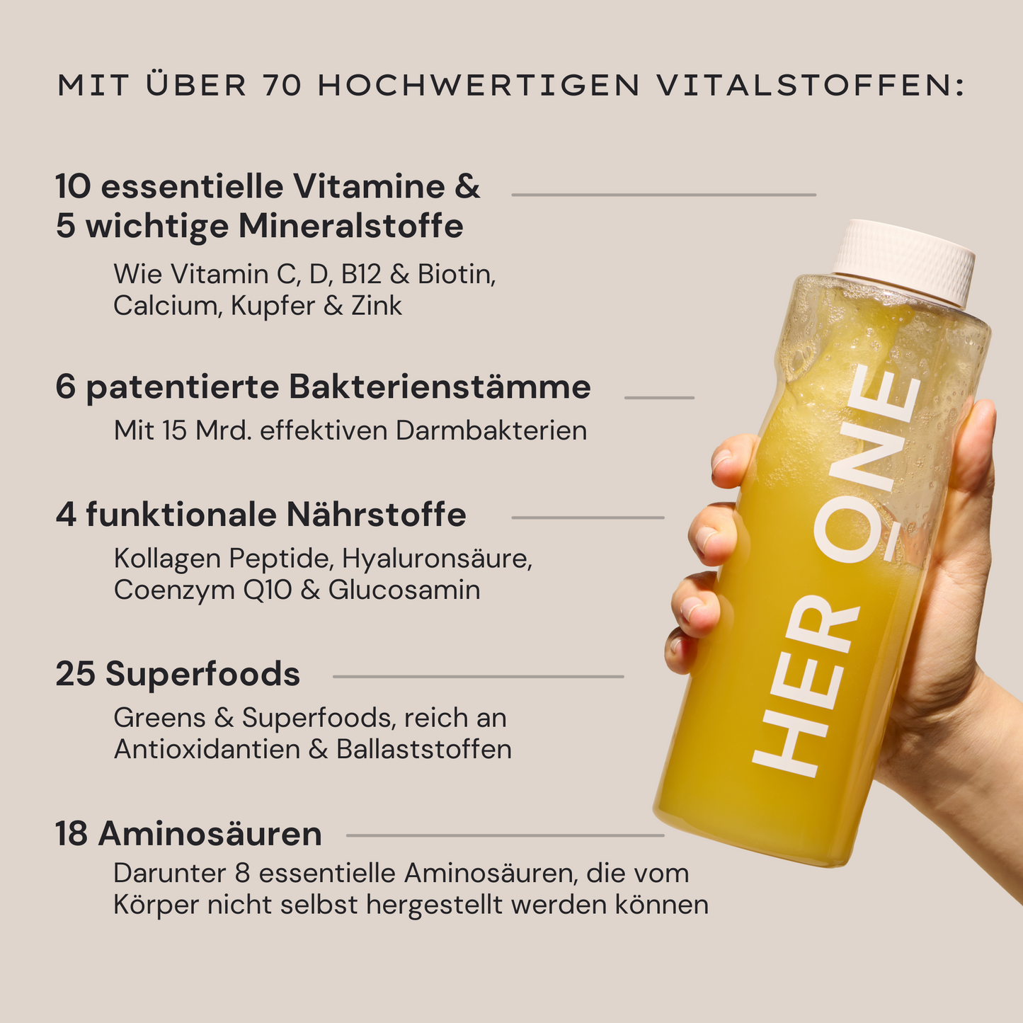 Une main tient une bouteille de boisson jaune à côté d'un texte sur les substances vitales comme les vitamines, les bactéries et les super-aliments.