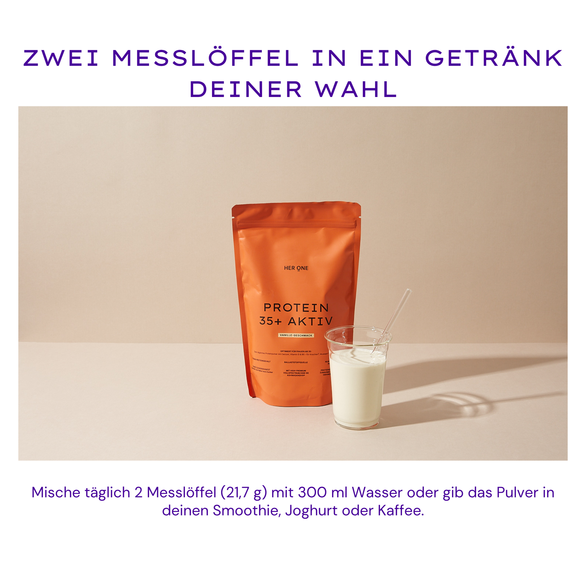 L'immagine mostra il nostro PROTEIN 35+ AKTIV e come si assume la bevanda