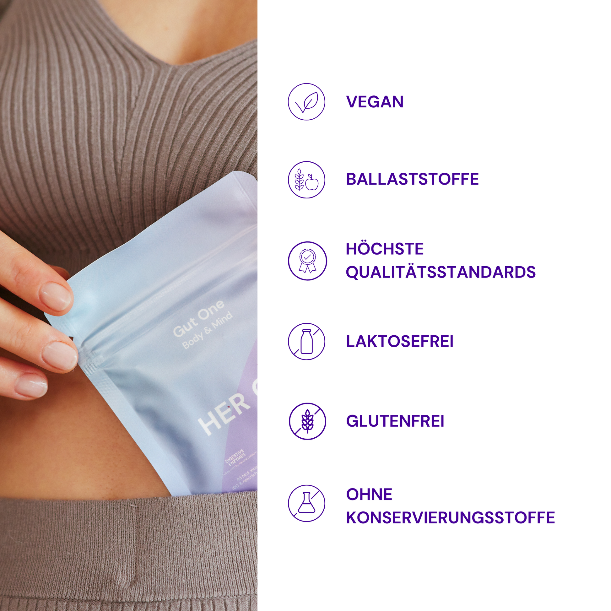 Una persona tira fuori da una cintura una confezione con un logo, accanto a un testo sulle caratteristiche del prodotto, come vegano e senza glutine.