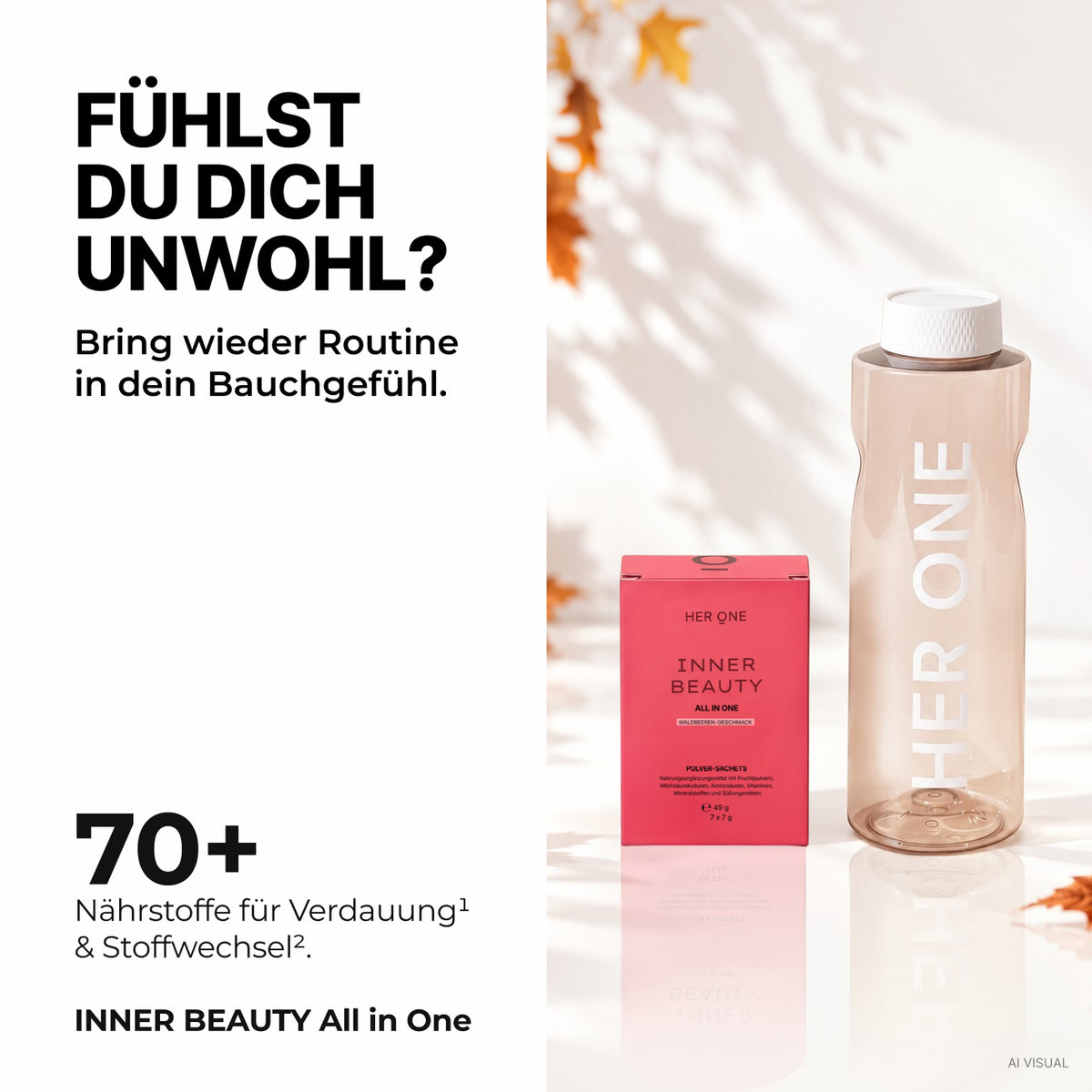 Eine Produktverpackung und eine Trinkflasche mit der Aufschrift "HER ONE" auf hellem Hintergrund mit Blättern.