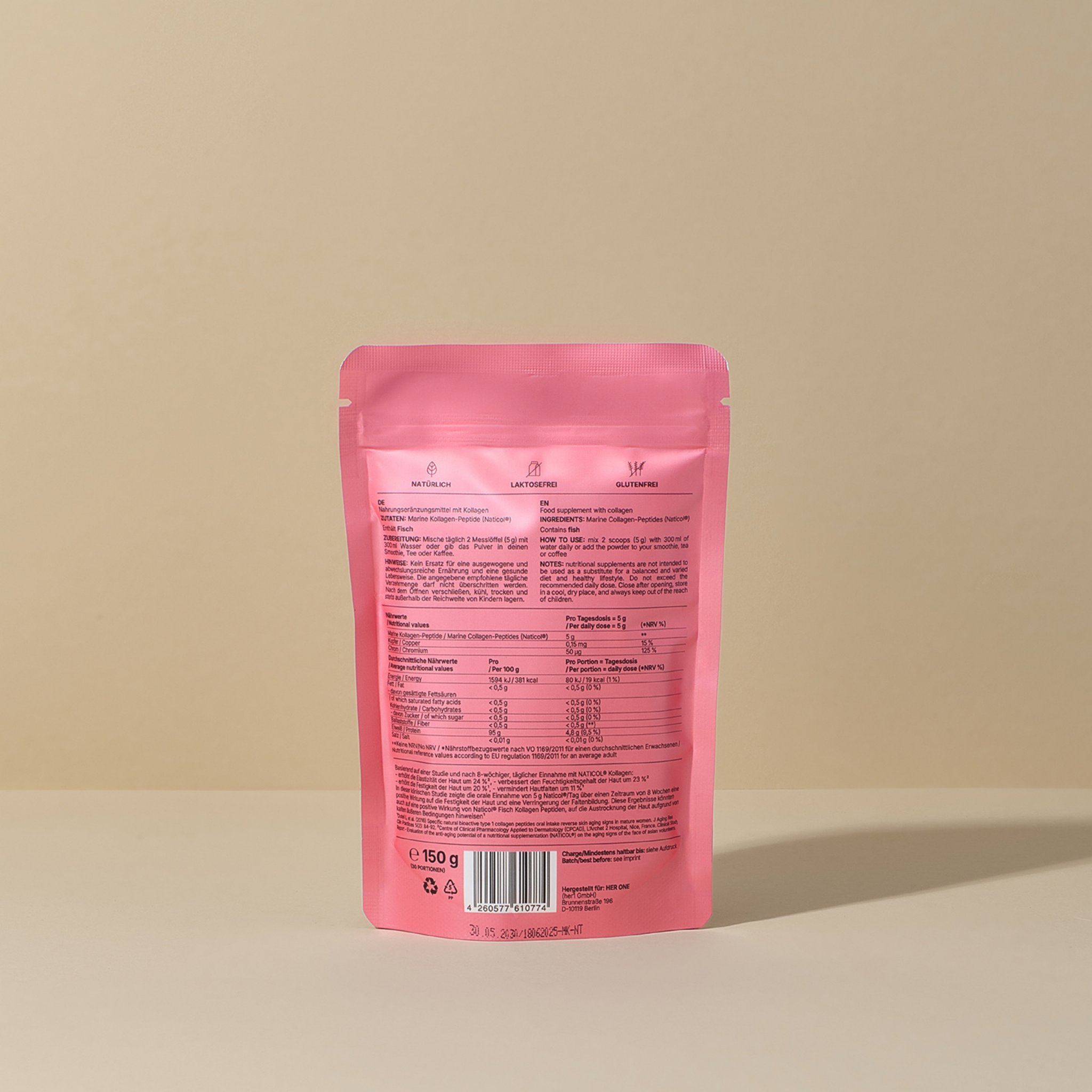 Rückseite des HER ONE MARINE KOLLAGEN Beutels mit Nährwertangaben und Barcode sichtbar.