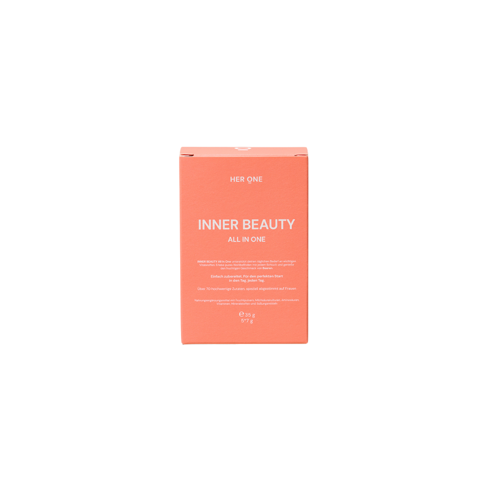 Eine rosafarbene Box mit der Aufschrift "Inner Beauty All in One" von Her One.