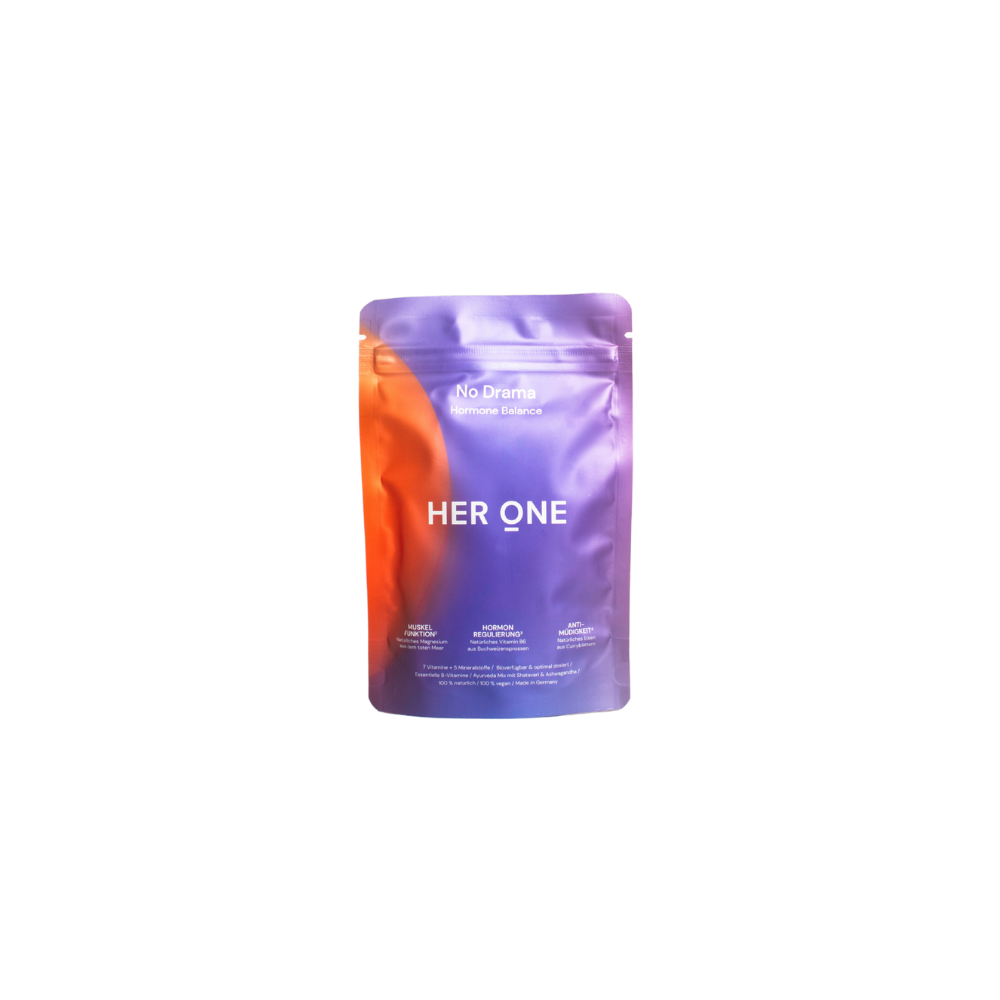 Verpackung mit Farbverlauf in Orange und Lila, darauf steht: "No Drama Hormone Balance HER ONE".