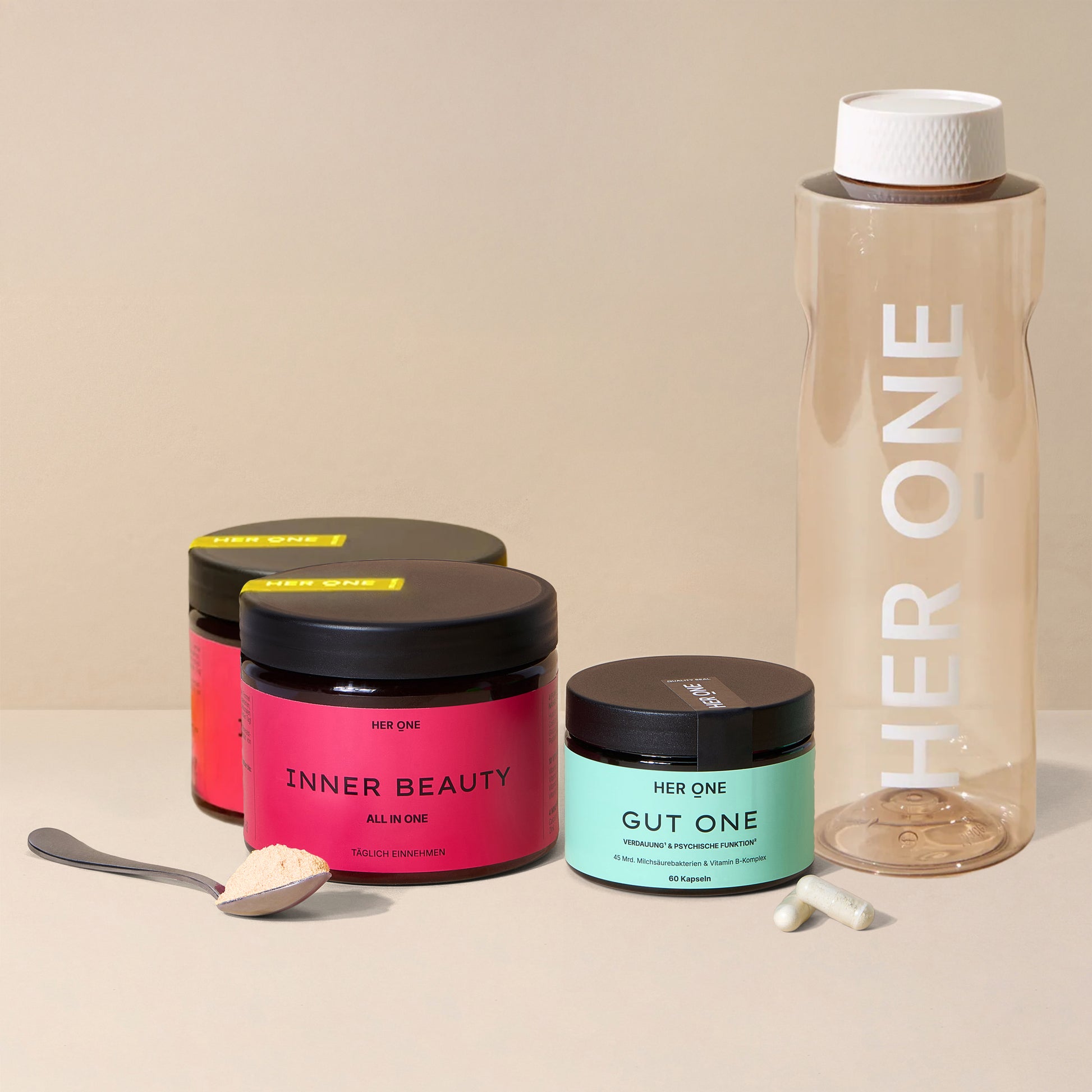 2 INNER BEAUTY Mang-Maracuja, 1 GUT ONE und 1 HER ONE Trinkflasche – Produkte für Haut, Verdauung und tägliches Wohlbefinden