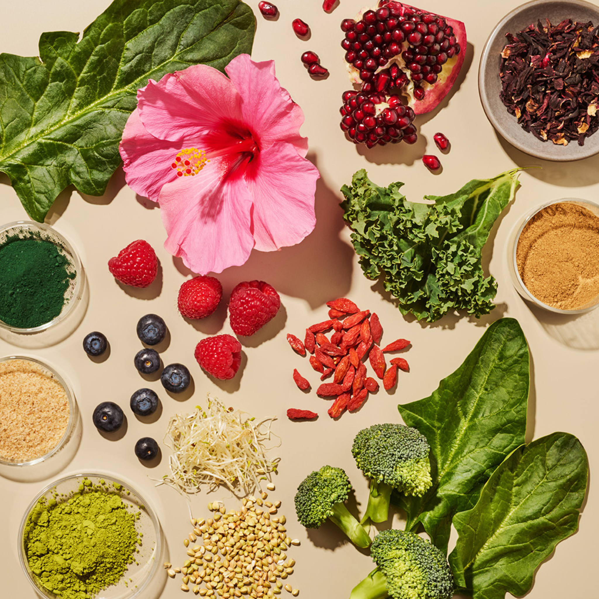 Verschiedene gesunde Zutaten wie Himbeeren, Grünkohl, Brokkoli, Granatapfelkerne und eine rosa Hibiskusblüte auf beigefarbenem Hintergrund.