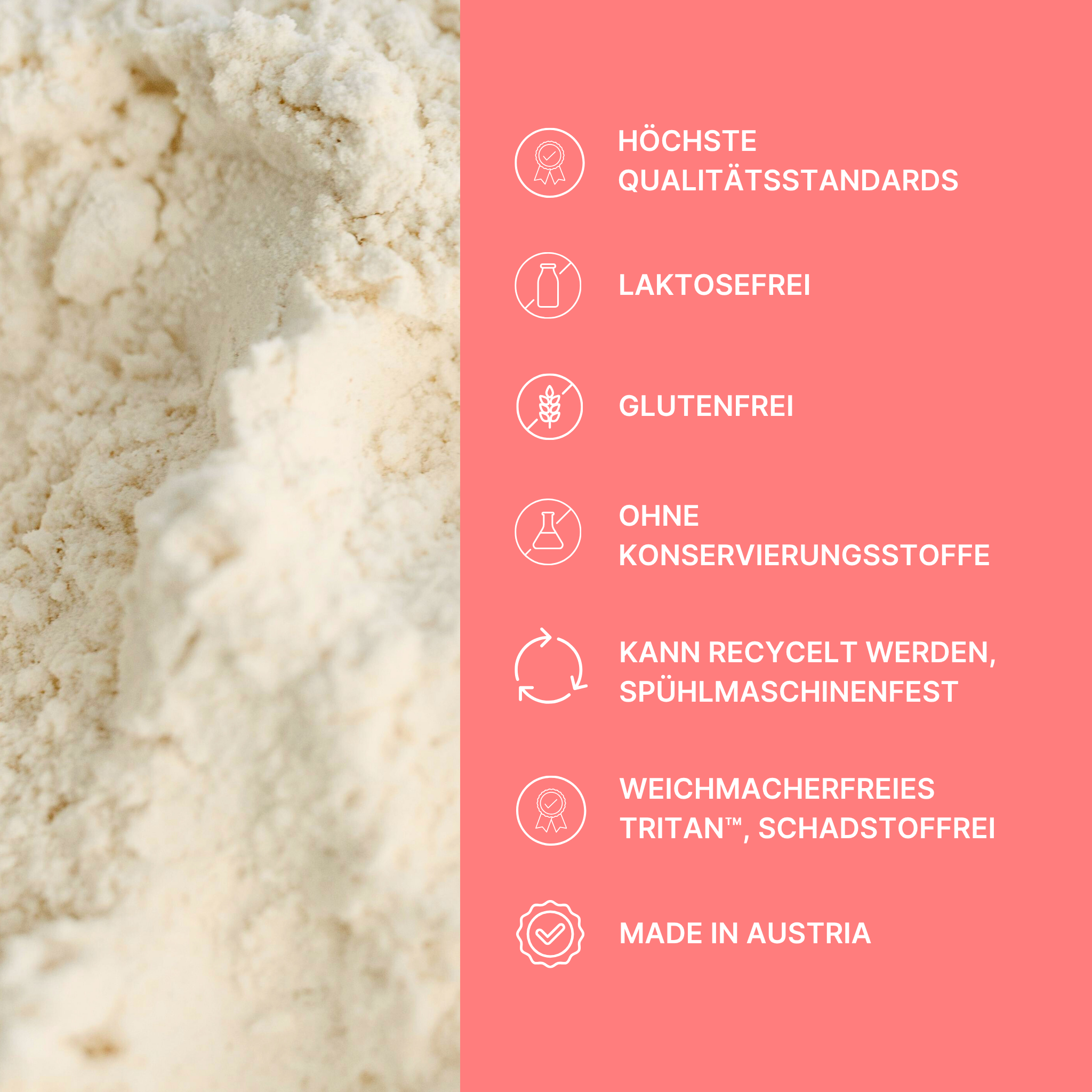Pulvertextur mit rosa Infobox zu HER ONE: laktosefrei, glutenfrei, recycelbar, Made in Austria.