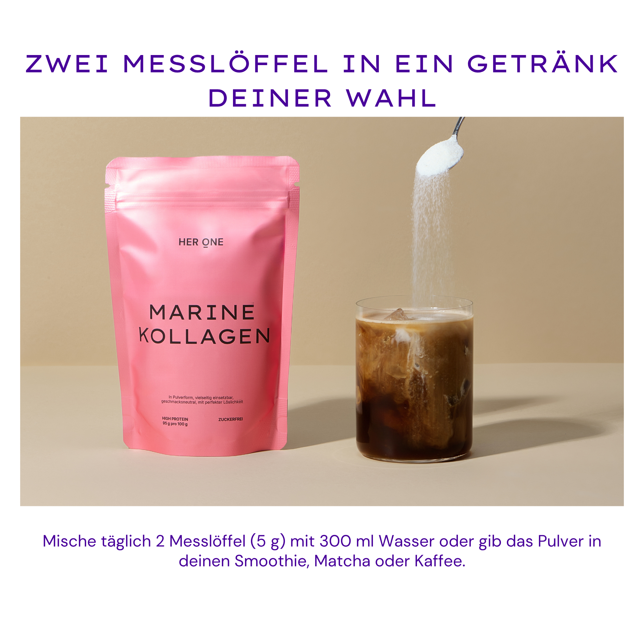 HER ONE MARINE KOLLAGEN Beutel neben Eiskaffee, Löffel Pulver wird eingestreut.