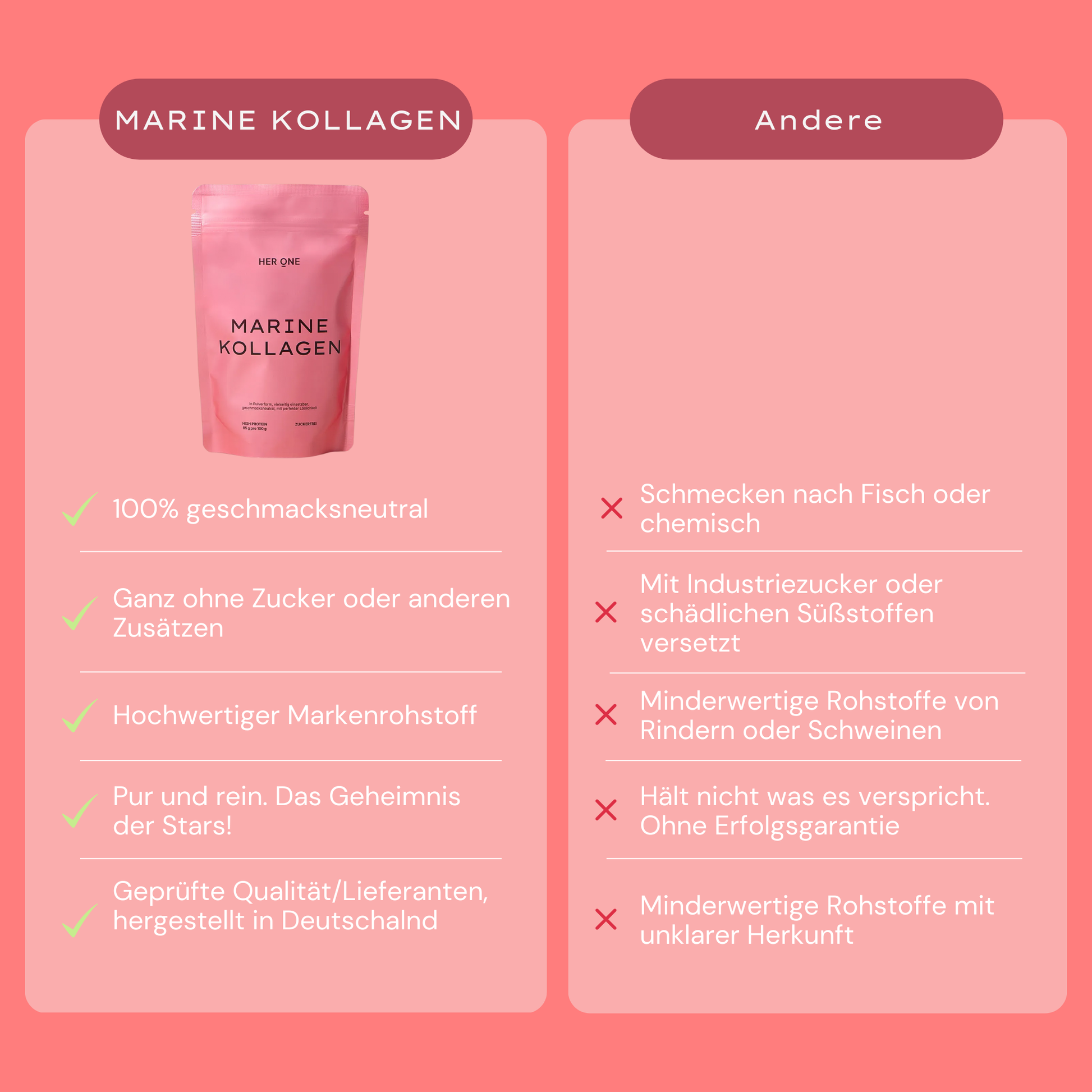 Vergleich von Marine Kollagen mit anderen Produkten: geschmacksneutral, ohne Zucker, hochwertiger Markenrohstoff, geprüfte Qualität.