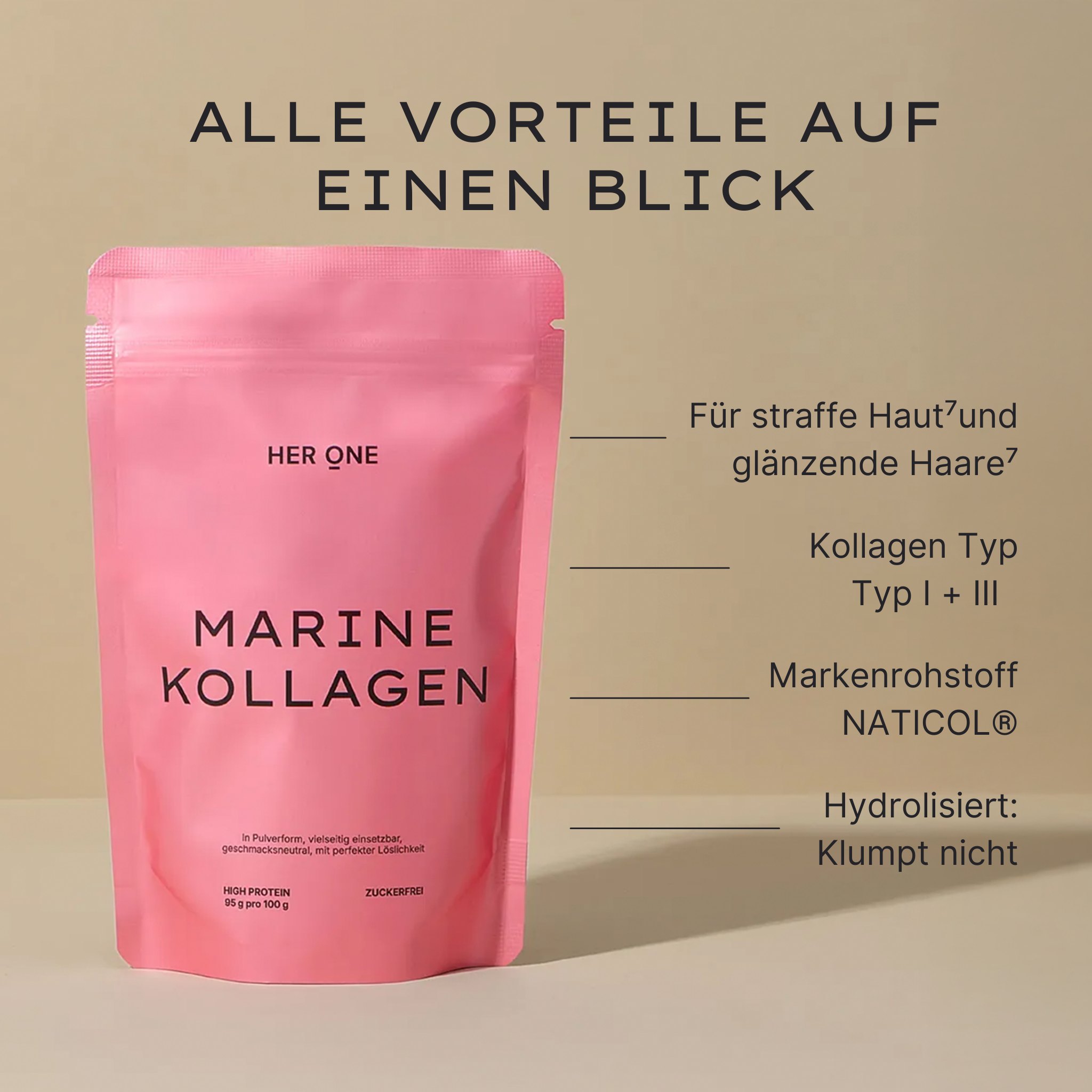 Marine Kollagen für Haut und Haare, Kollagen Typ I und III, Markenrohstoff NATICOL®, hydrolysiert und klumpenfrei.
