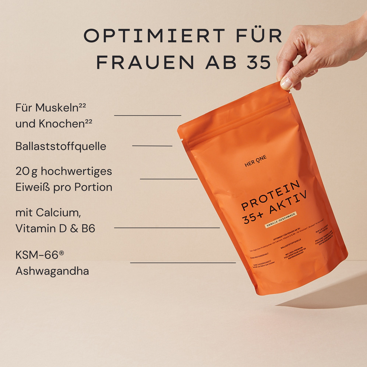 Protein 35+ Aktiv für Frauen ab 35: 20 g Protein pro Portion, Ballaststoffquelle, mit Calcium, Vitamin D, B6 und Ashwagandha.