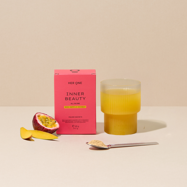 Pinke Box HER ONE INNER BEAUTY Sachets, Pulver, Saft und Frucht (Mango-Maracuja-Geschmack).
