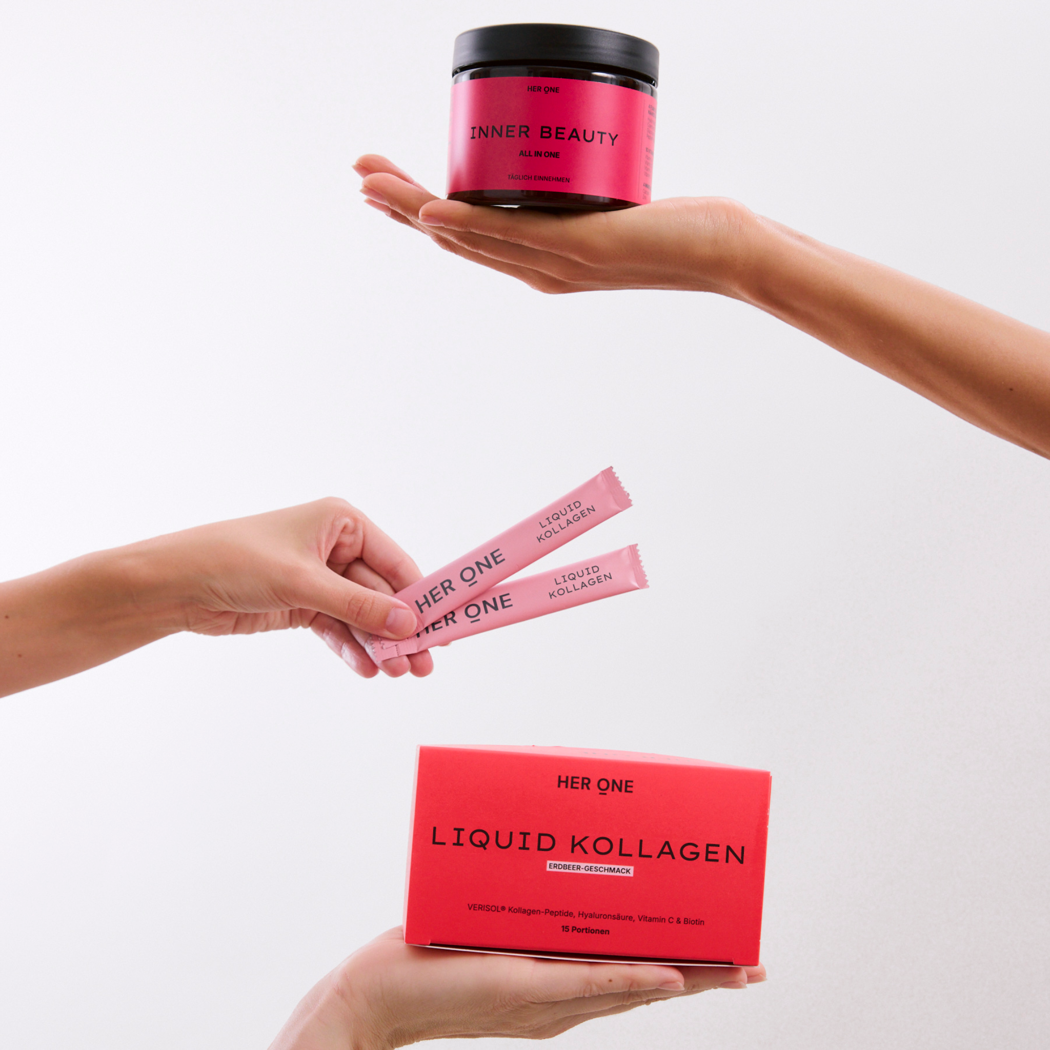 Three hands are shown one above the other, displaying the Beauty Deluxe products: Inner Beauty Liquid Collagen.