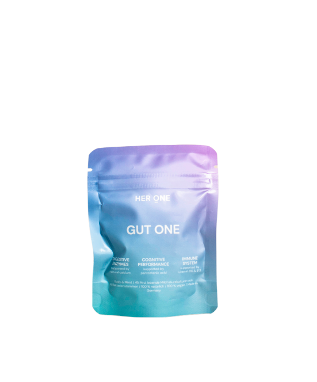 Eine blau-lila Verpackung mit der Aufschrift "Gut One" und Informationen zu Inhaltsstoffen und Eigenschaften.