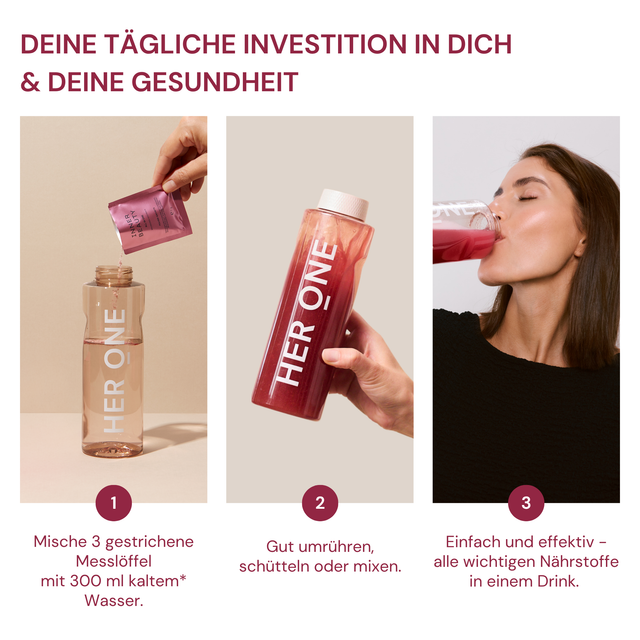 Anleitung zur Zubereitung von Her One Inner Beauty Drink in drei Schritten mit Frau beim Trinken.
