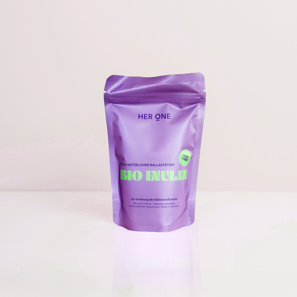 Sachet violet HER ONE 100 % FIBRES NATURELLES INULINE BIO. Riche en fibres. Fabriqué en Allemagne.