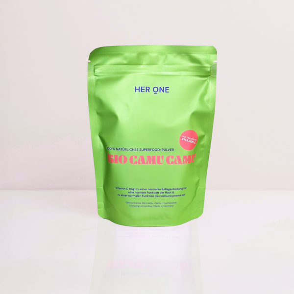 Sachet vert HER ONE BIO CAMU CAMU Poudre superalimentaire 100 % naturelle à haute teneur en vitamine C.